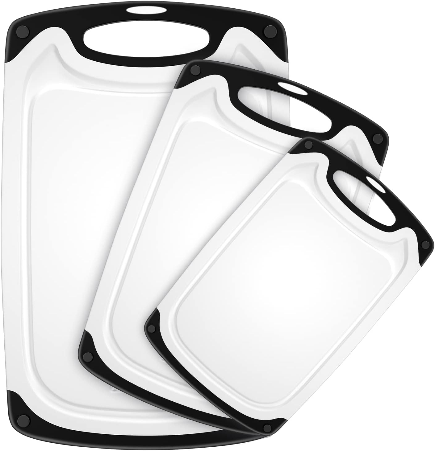 Plastic Cutting Board, 3 Pieces Dishwasher Safe Cutting Boards with Juice Grooves, Easy Grip Handle, Non-Slip, with Grinding Area for Grinding Garlic and Ginger（White）
