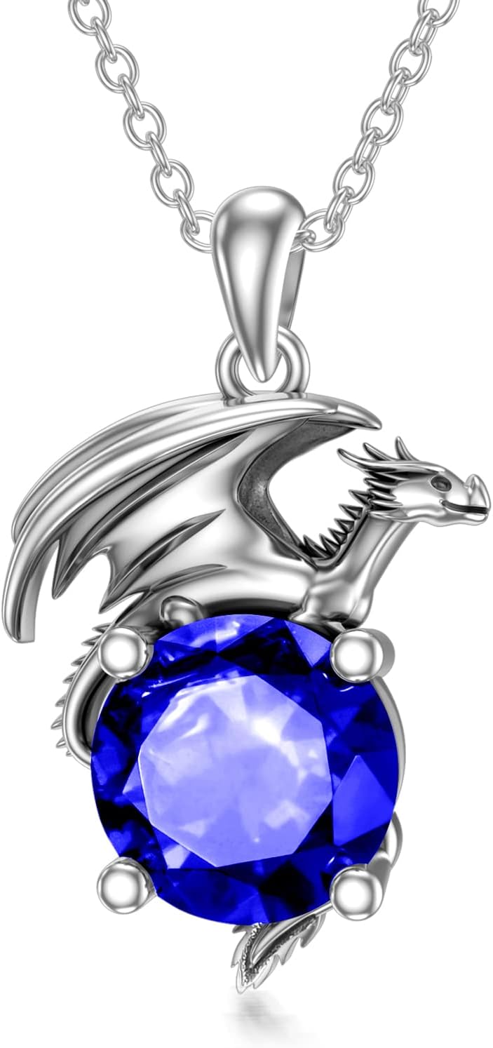 Dragon Necklace for Women/Men Sterling Silver Necklace with Birthstone Gift for Women/Men