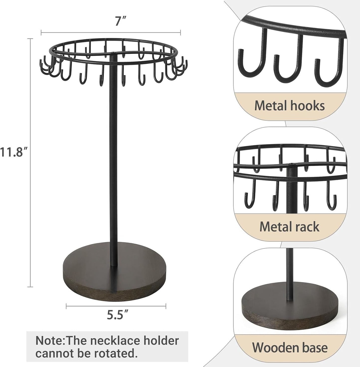 Mkono Necklace Holder Metal Jewelry Display Stand Necklace Organizer with 22 Hooks for Storage and Hanging Bracelet Keychain Home Room Decor for Women,Black