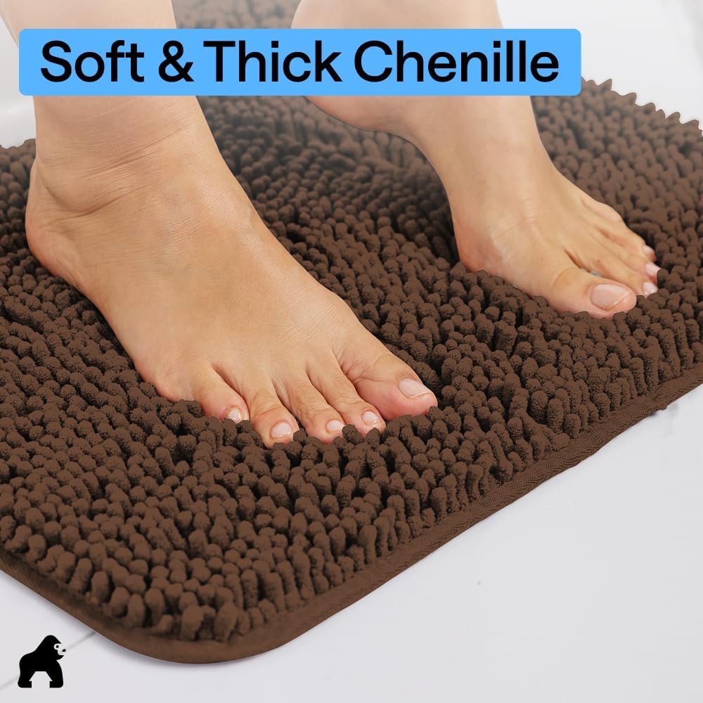 GORILLA GRIP Bath Rug Mat, Thick Soft Absorbent Chenille, Quick Dry Microfiber Mats, Rubber Backing Washable Shower Floor Rugs, US Designed Bathroom Bathmat Home Decor Accessories, 24x17, Brown