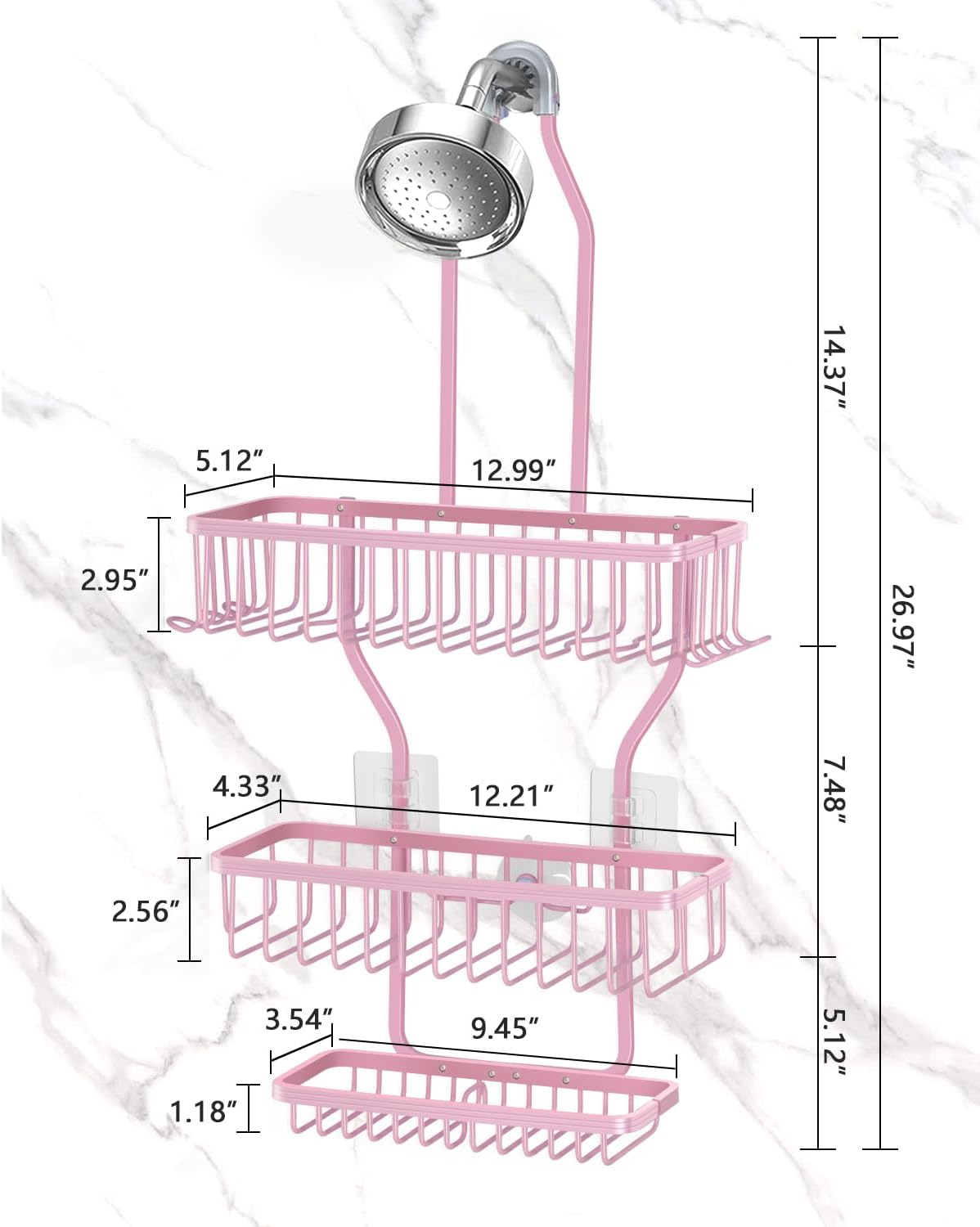 Pink Shower Caddy for Bathroom - Never Rust Hanging Shower Organizer with Soap Basket and Hooks - Large Capacity 3 Tier Aluminum Over The Showerhead Caddy