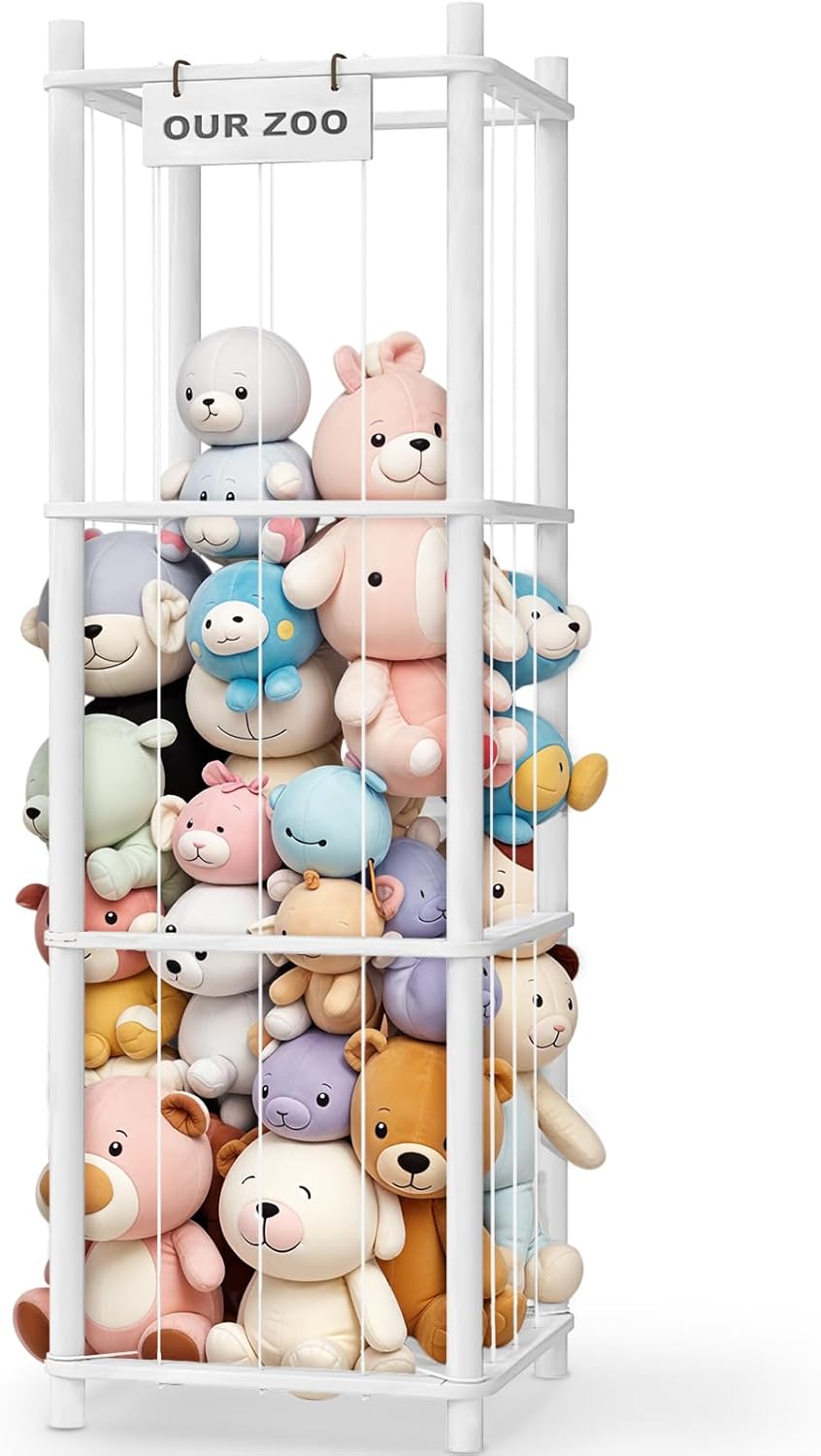 Woodure Stuffed Animal Storage & Organizer, Wooden Cute Zoo Toy Holder for Toddler Rooms, Playrooms & Bedrooms（Pink）