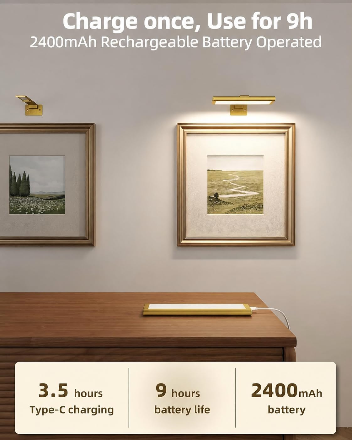 EZVALO Picture Light for Wall, Rechargeable 2400mAh Battery Lights Wireless with IR Remote, 3 Color & Dimmable Magnetic 7.87'' LED Lights Display for Painting, Living Room, Gallery, Bedroom(Gold-3P)