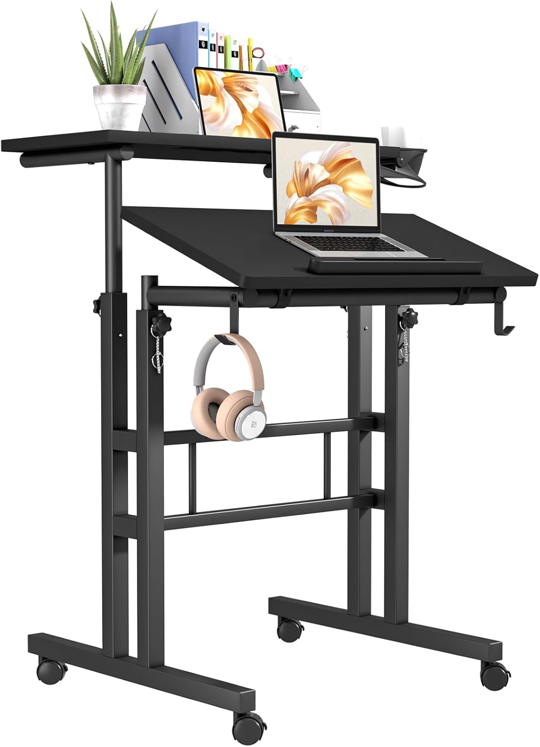 Klvied Height Adjustable Mobile Standing Desk, Tiltable Laptop Desk with Cup Holder & Hook, Portable Rolling Desk with Lockable Casters, Home Office Workstation for Standing/Sitting, Black