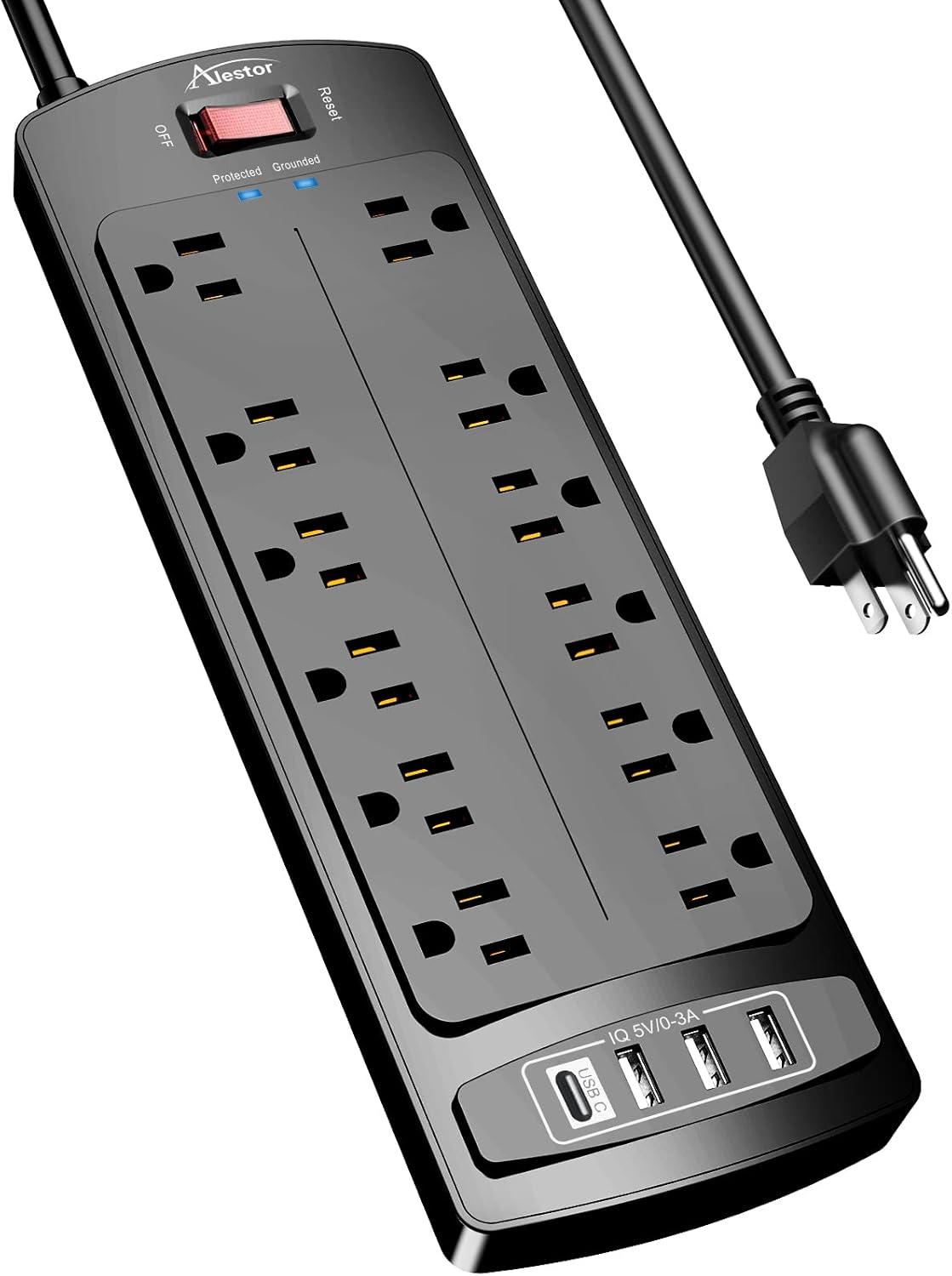 Power Strip, ALESTOR Surge Protector with 12 Outlets and 4 USB Ports, 6 Feet Extension Cord, 2700 Joules, ETL Listed, Black