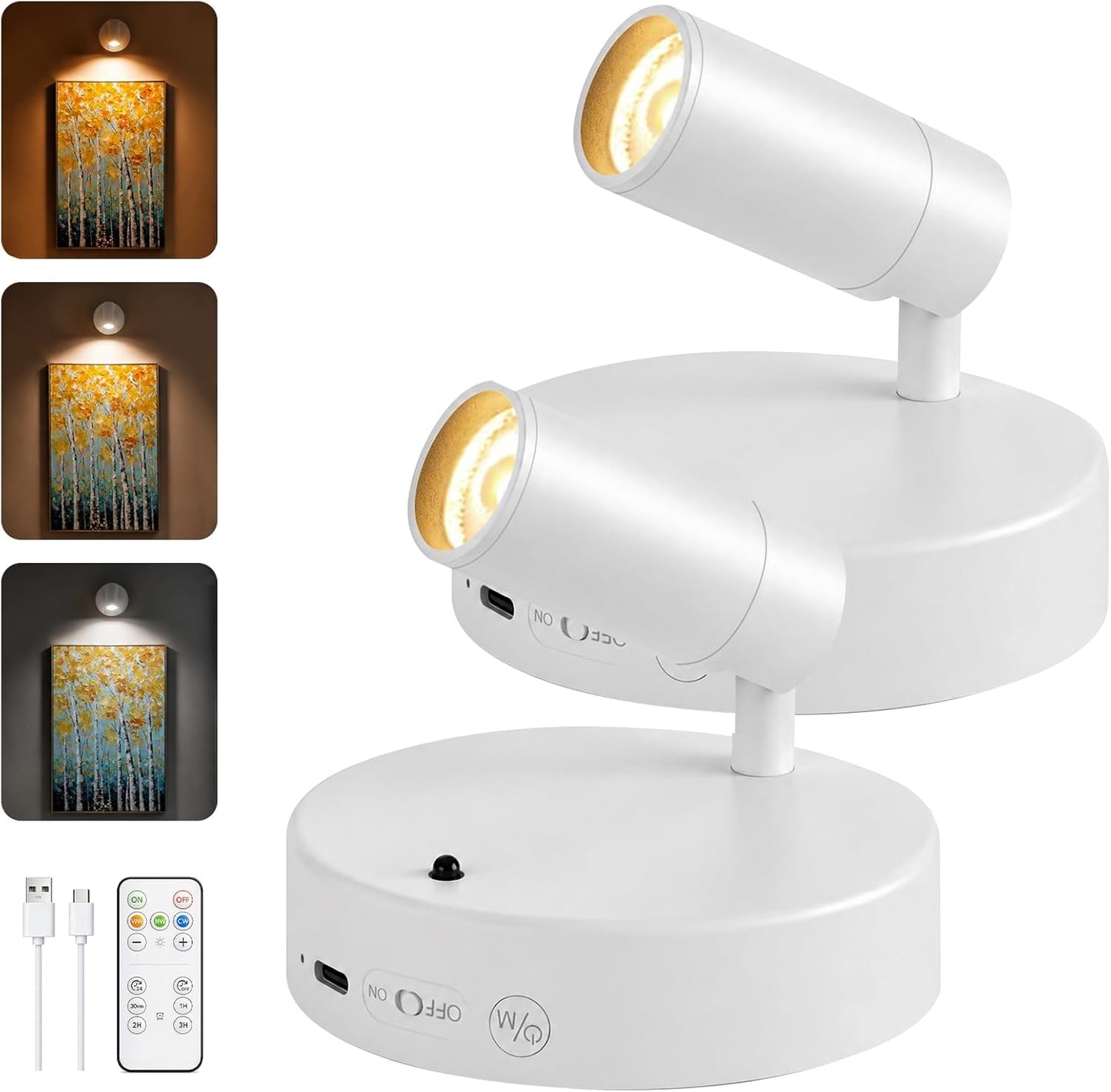 GOODEA Spotlights Indoor with Remote, 5500mAh Rechargeable Battery Plant Spotlight Indoor, Wireless Uplighting with 3 Colors & 24H Cycle Timer, Picture Light for Painting(2 Pack 5500mAh, White)