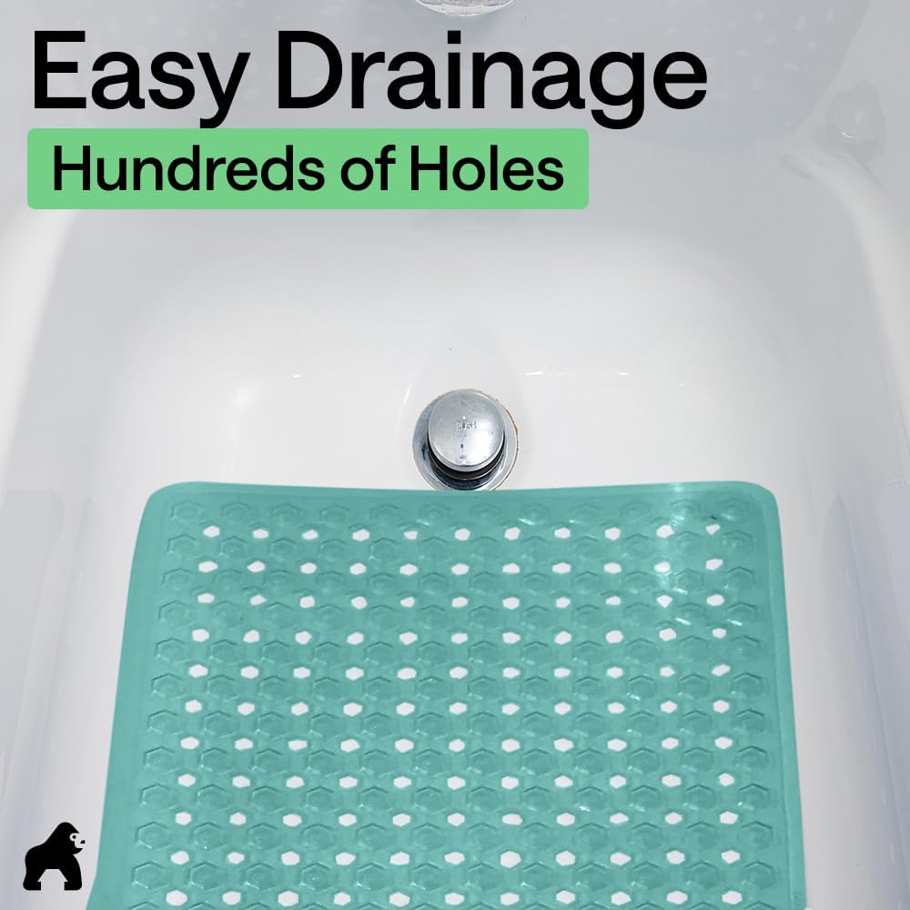 GORILLA GRIP Patented Bath Tub Shower Mat, Machine Washable Bathtub Floor Liner Mats, Suction Cups and Drain Holes to Keep Tubs Clean, Soft on Feet, Bathroom Essentials, 35x16 Inch, Turquoise Opaque