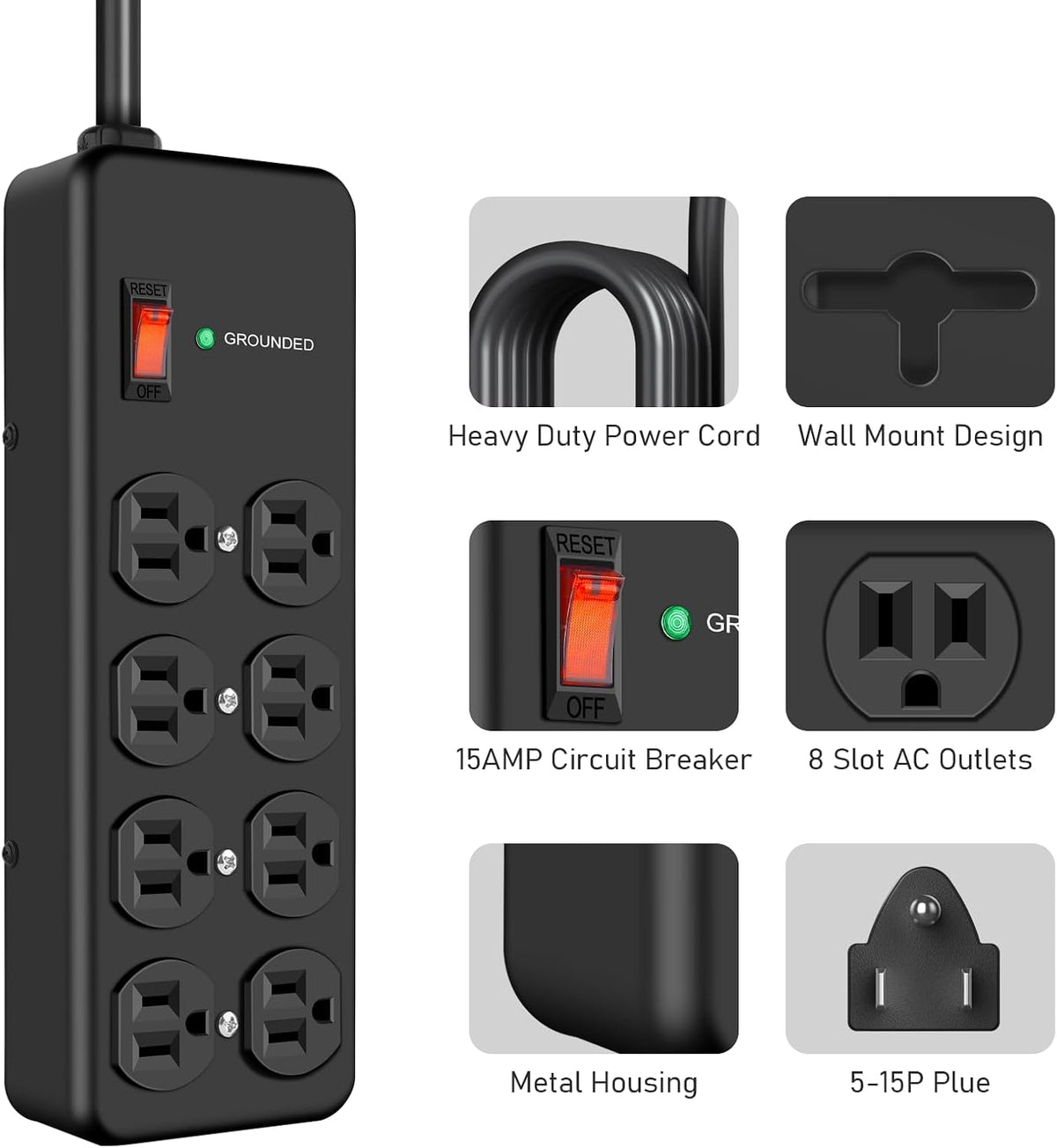 HEZI 15Amp Heavy Duty Surge Protector with 8 Outlets,14 AWG 6FT Extension