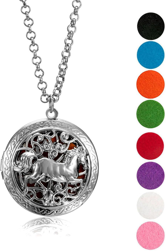 Wild Essentials Wild Horse Essential Oil Diffuser Nickel Free Alloy Locket Pendant with 24 inch Chain, 8 Refill Pads, Customizable Color Changing Perfume Jewelry for Aromatherapy