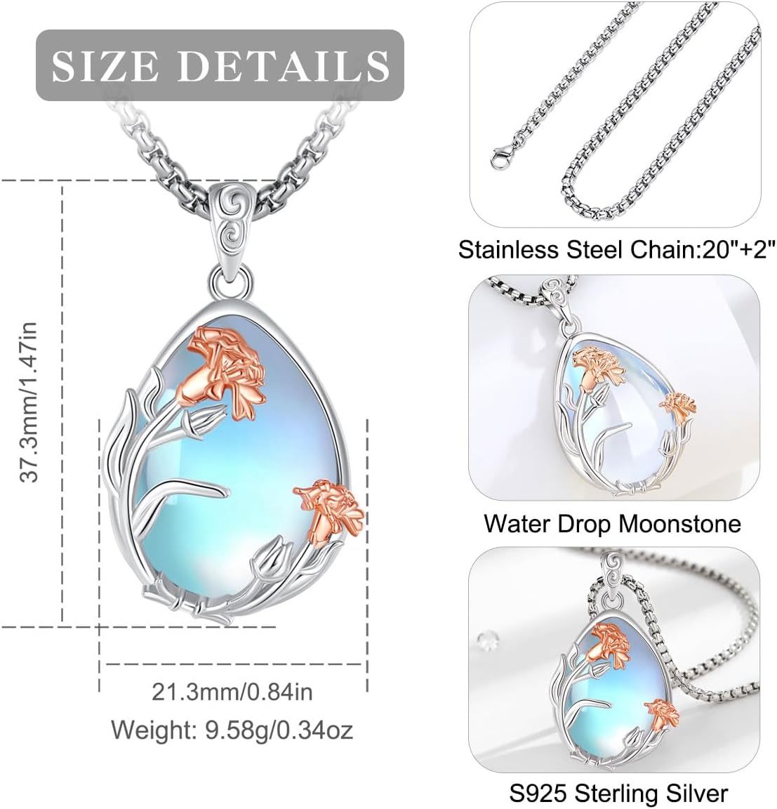 EUDORA Moonstone Turquoise Necklace for Women S925 Sterling Silver, Angel Tears Water Droplets Pendant Grandma Necklace Jewelry for Women Gifts for Mother in Law Mothers Day Gifts for Mom, 20"