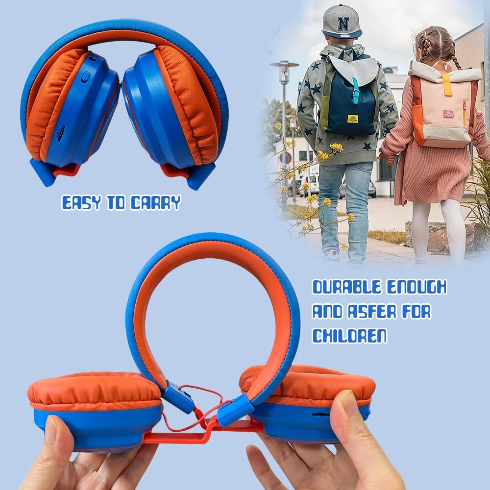 Mokata Kids Headphones Bluetooth 5.3 Wireless Lightweight Fast Charging 68 Hours Play Time Volume Limited 85/94dB Over Ear Foldable with Built-in Mic for Toddler Boy Girl Tablet Pad Blue