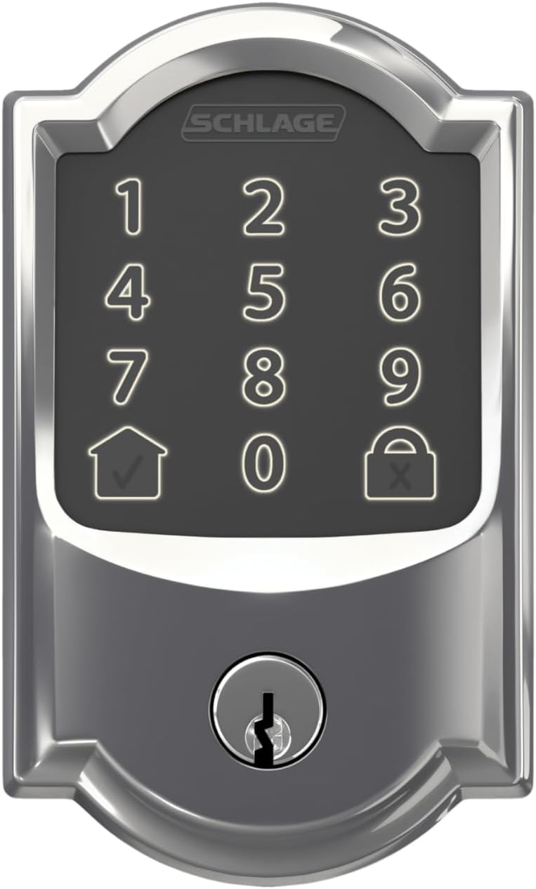 Schlage Encode Smart Wi-Fi Deadbolt Lock with Touchscreen Keypad, Keyless Front Door Entry, App Control, Alexa, Google Home and Airbnb Compatible, Bright Chrome, BE489WB CAM 625