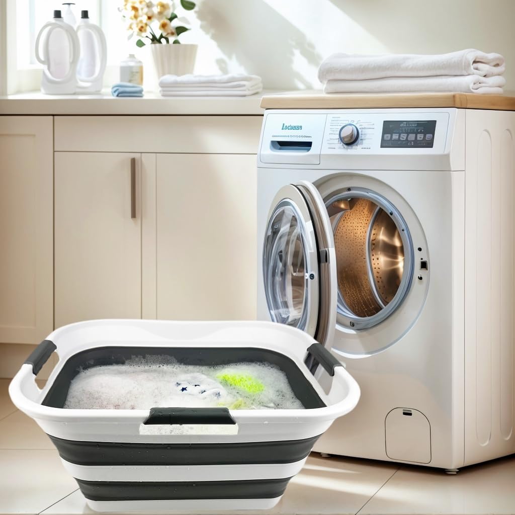 SAMMART 30L (8 gallons) Collapsible Plastic Laundry Washing Tub/Basket - Portable Laundry Hamper/Storage Container Foldable Laundry Basket - Space Saving (White/Steel Grey (Set of 2))