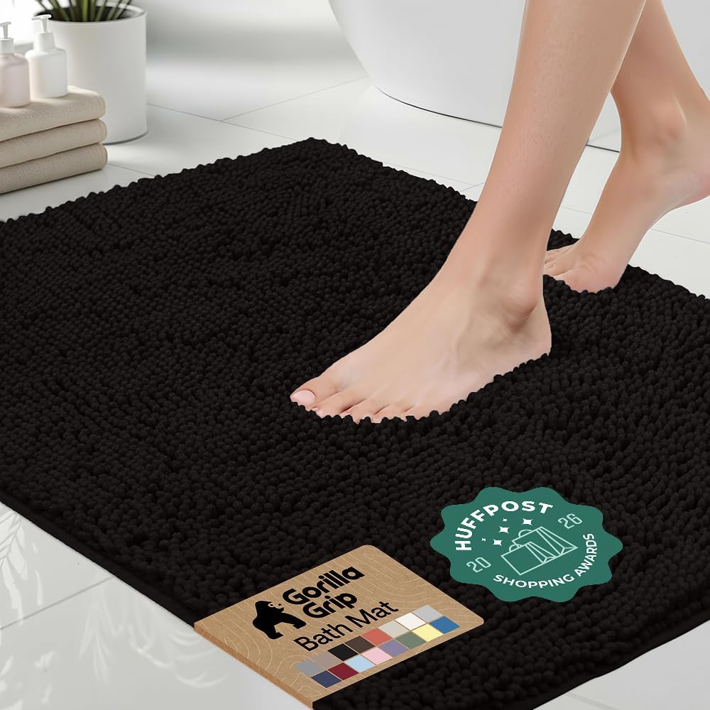 GORILLA GRIP Bath Rug Mat, Thick Soft Absorbent Chenille, Quick Dry Microfiber Mats, Rubber Backing Washable Shower Floor Rugs, US Designed Bathroom Bathmat Home Decor Accessories, 24x17, Black