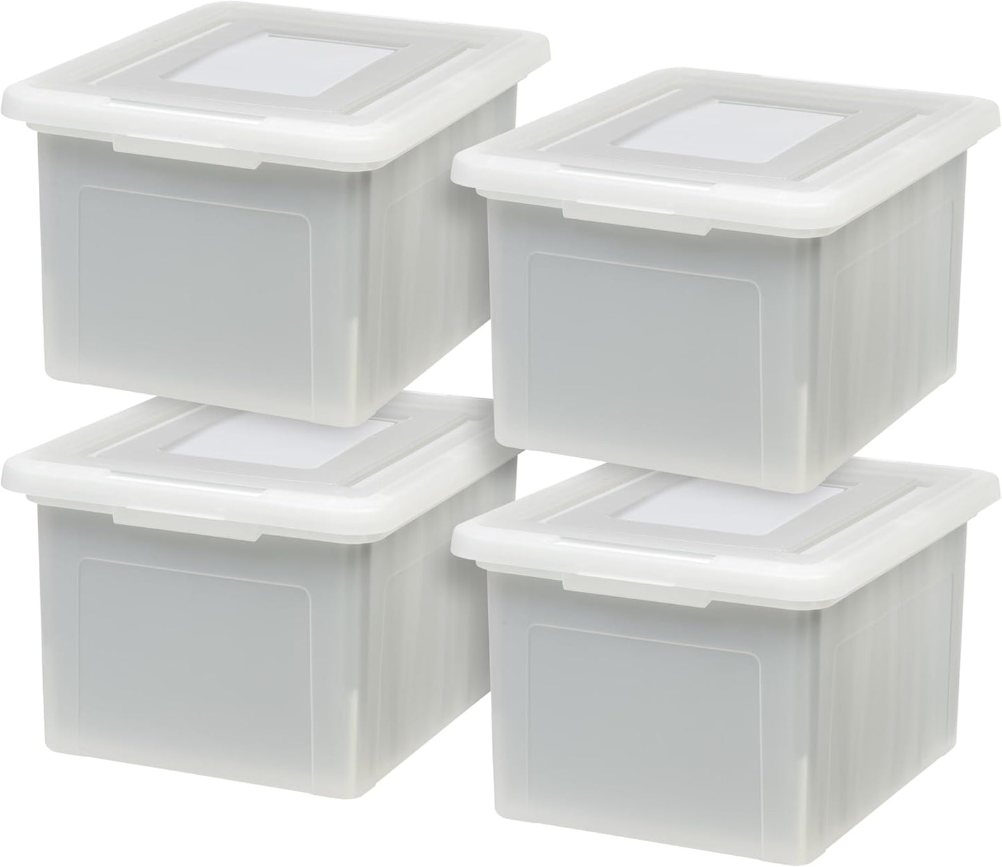 IRIS USA File Box with Lid, File Storage Box for Letter Size Documents, Portable Plastic File Box, Stackable Nestable Organizer, 35 Qt, 4 Pack, Pearl