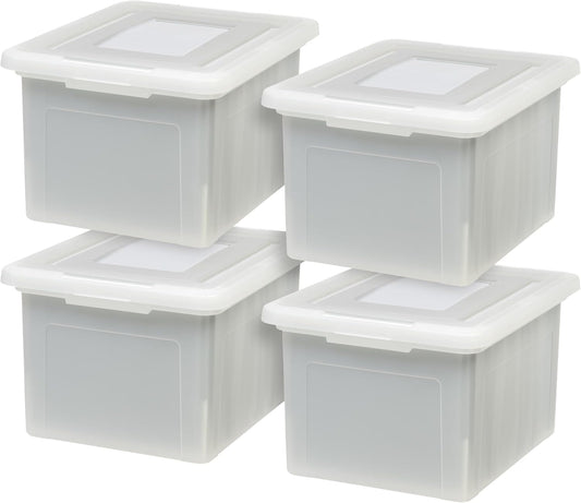 IRIS USA File Box with Lid, File Storage Box for Letter Size Documents, Portable Plastic File Box, Stackable Nestable Organizer, 35 Qt, 4 Pack, Pearl