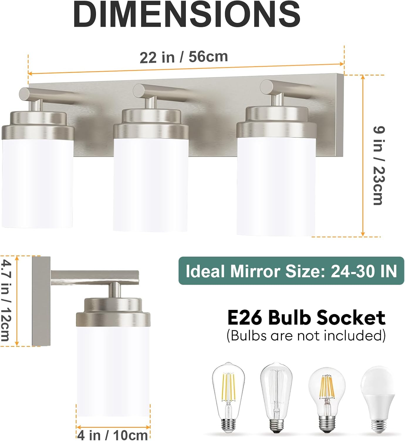 IZORRO Bathroom Vanity Light Fixture, 3-Light 22 Inch Brushed Nickel Bathroom Light Fixtures Over Mirror, with White Glass Shade, Modern Farmhouse Vanity Lights, Rustic Restroom Lighting Fixtures