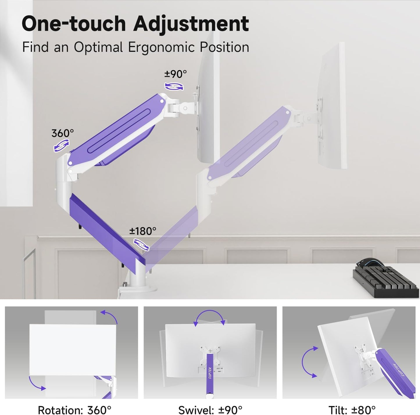 Suptek Monitor Mount Gas Spring Monitor Arm Desk Mount Fully Adjustable Fits 17 20 22 23 24 26 27 32 35 inch Monitors Weight Capacity up to 24.25 lbs (White+Purple, 17"-35")