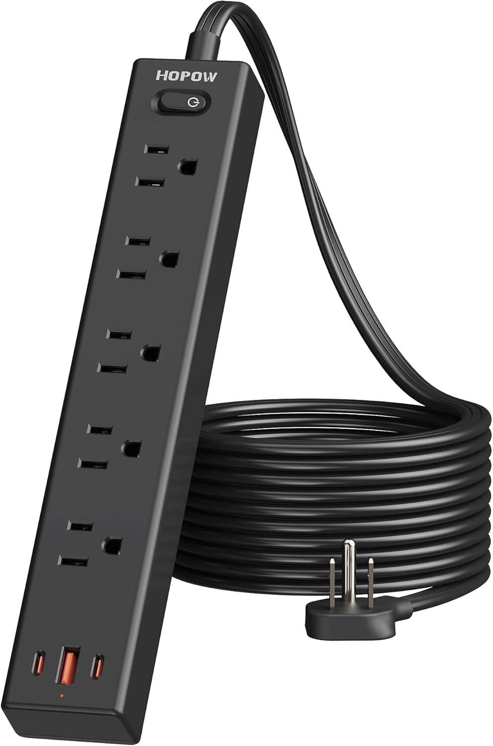 HOPOW Flat Plug Power Strip, 6 Ft Ultra Thin Extension Cord, Surge Protector with 5 Outlets & 3 USB Ports (2 USB C), 1700 Joules, Wall Mount, Desktop Charging Station for Home Office Dorm, Black