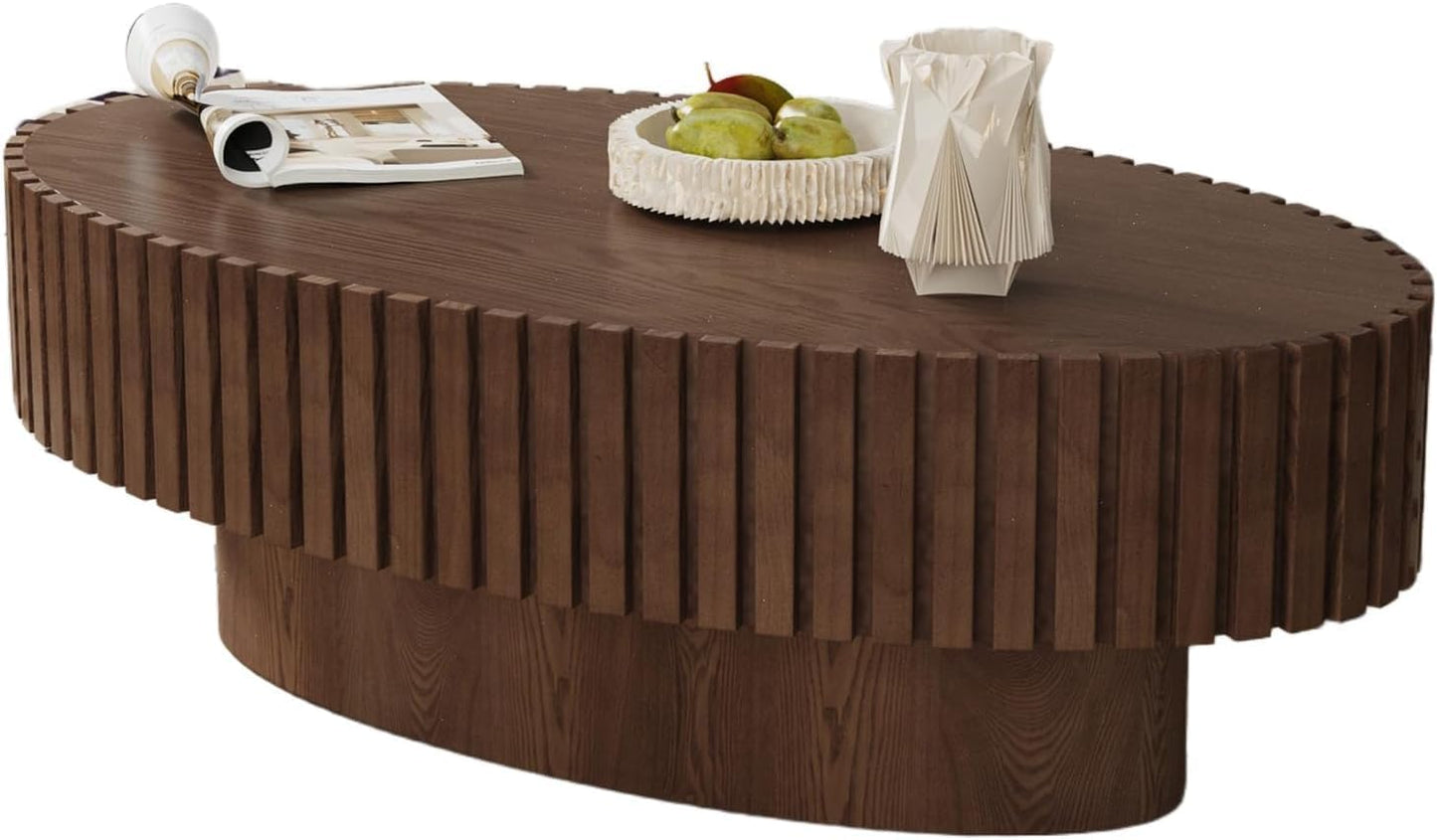 Modern Oval Coffee Table for Living Room (Oval Dark Brown) | Drum Oval Fluted Coffee Table, Pedestal Center Table for Office Patio