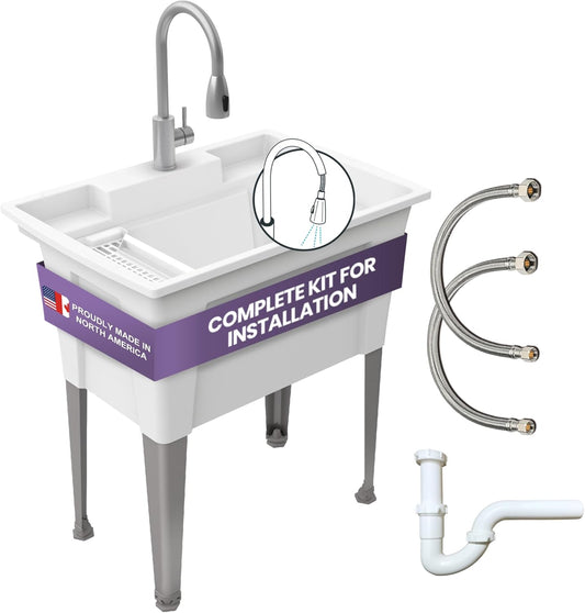 Freestanding Utility Sink with Gooseneck Faucet - 32" Plastic Utility Sink with Steel Legs for Garage, Laundry, Indoor and Oudoor Use - Laundry Tub Kit by Noah William Home - White (25.6 gal)