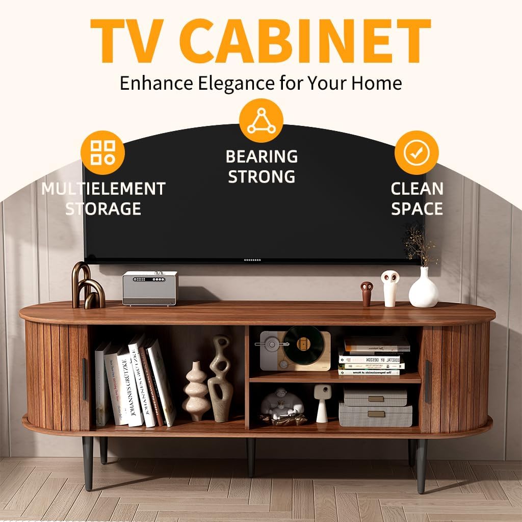 Mid Century Modern Fluted TV Stand, Walnut TV Stand for 55 Inch TV, Wooden Entertainment Center with Sliding Doors and Ample Storage Space, Media Console Storage Cabinet for Living Room or Bedroom