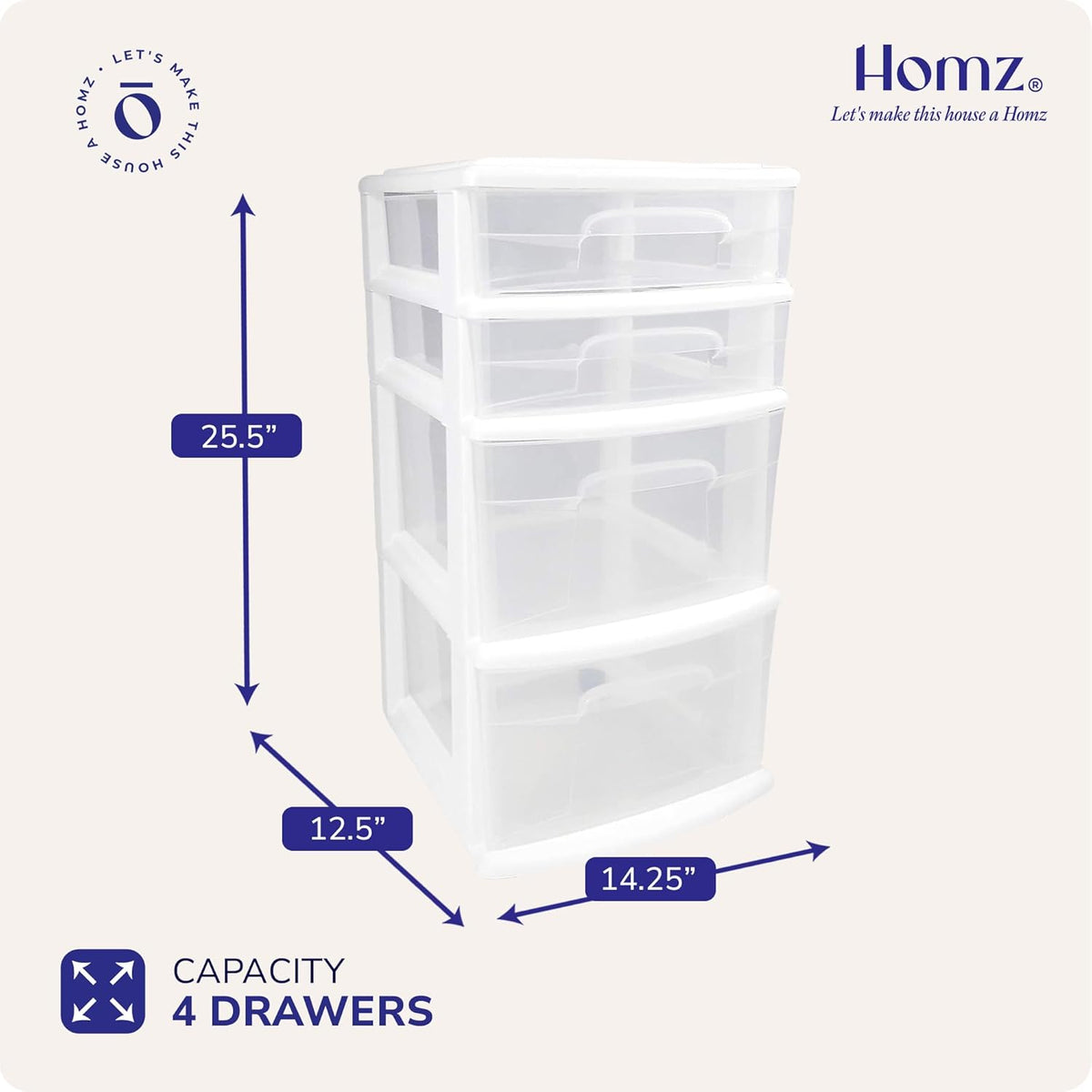 HOMZ Drawer Tower, 4-Tier Clear Plastic Storage Organizer Cart, White Frame - Rolling Drawers with Wheels for Desk, Dresser, Cabinet, Bedroom, Bathroom, Classroom, and Office Organization