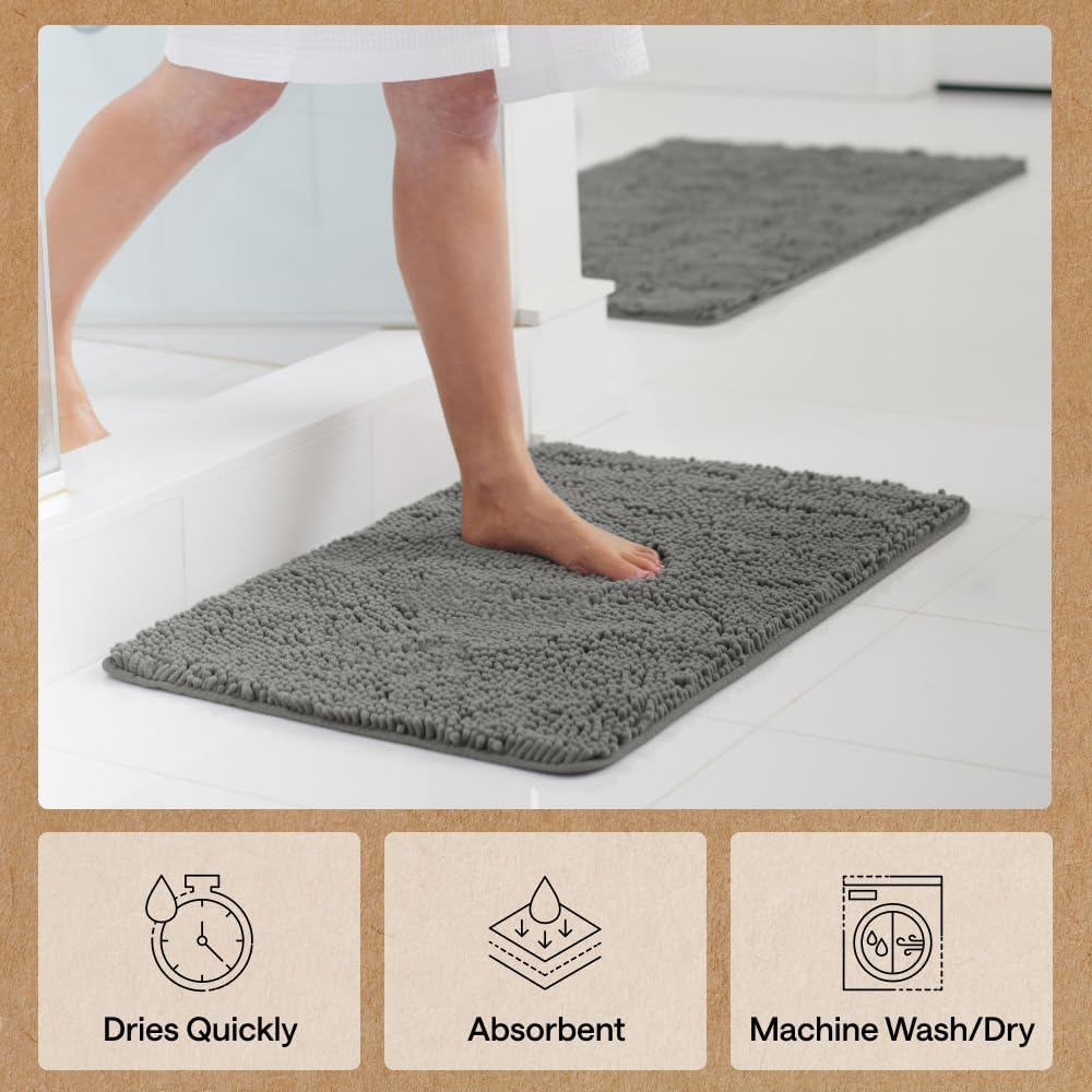 GORILLA GRIP Bath Rug Mat, Thick Soft Absorbent Chenille, Quick Dry Microfiber Mats, Rubber Backing Washable Shower Floor Rugs, US Designed Bathroom Bathmat Home Decor Accessories, 24x17, Charcoal