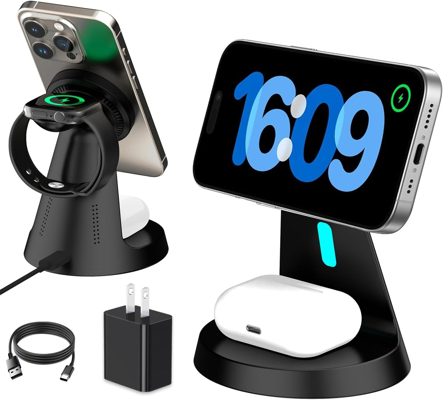 Wireless Charger,3 in 1 Charging Station,15W Phone Charger Stand | Compatible with Mag-Safe Charger for iPhone 17/16/15/14/13/12 Series, Apple Watch, AirPods (Adapter Included)
