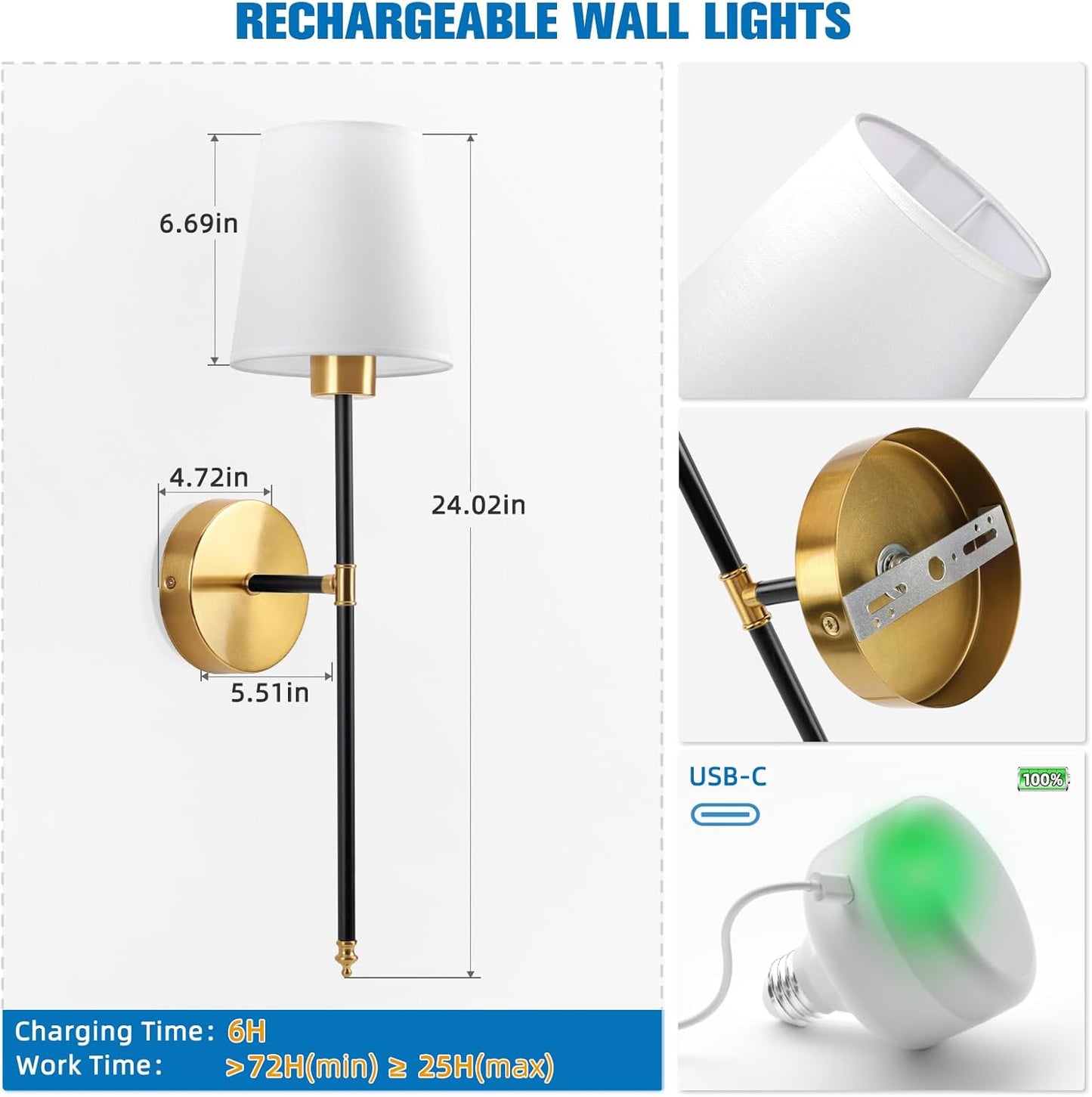 NIORSUN Battery Operated Wall Sconce Set of 2,Black-Gold Rechargeable Wall Lights with 10400mAh Dimmable Bulbs and Remote,10 Colors Wireless Wall Lamps for Bedroom Living Room Hallway Decor