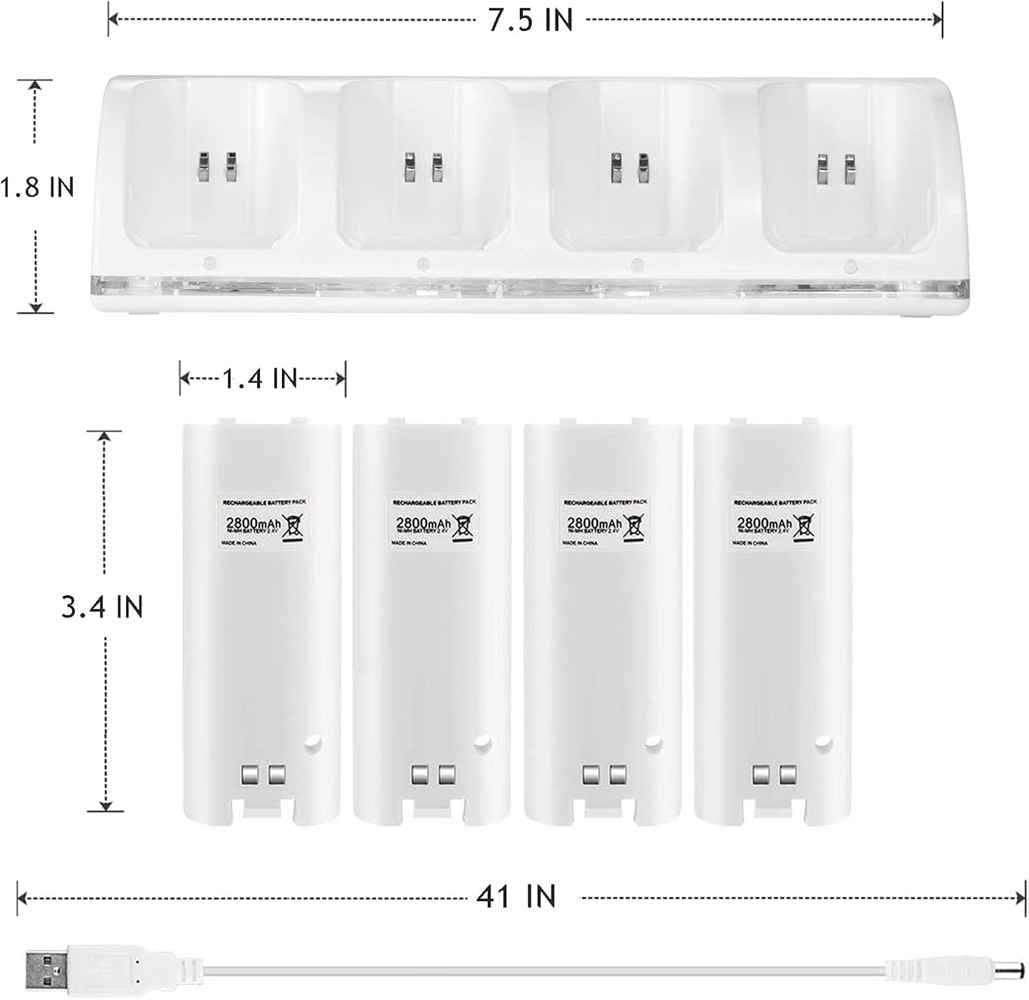 4-in-1 Charging Station for Wii&Wii U Remote Controller,Charger with 4 Rechargeable Battery Packs (4 Port Charging Station+4 pcs 2800mAh Replacement Batteries+USB Cable),Remote Not Included