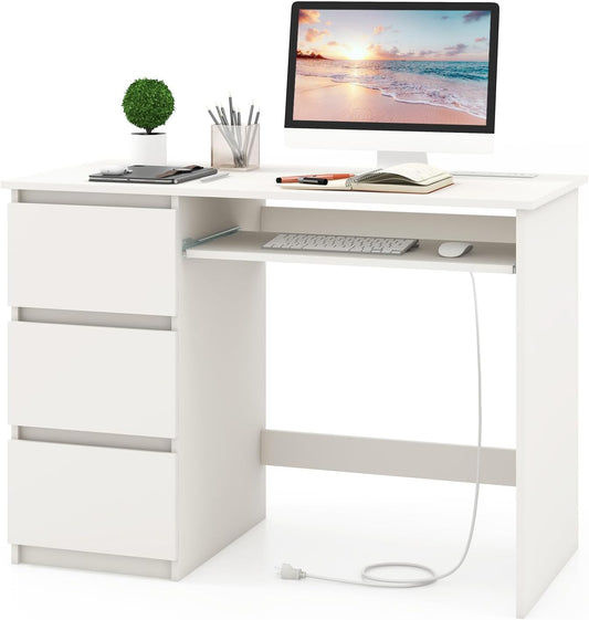 Tangkula White Desk with 3 Storage Drawers & Built-in Charging Station, Home Office Desk with Keyboard Tray, PC Desk Study Writing Table, Vanity Table for Bedroom, Computer Workstation (White)