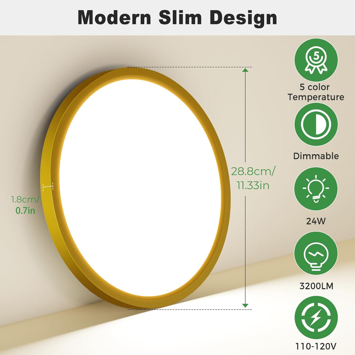 zemty 1Pack LED Flush Mount Ceiling Light, 12Inch 24W Dimmable Ceiling Lights Fixture, 5 Color Temperatures (3000K-6500K) Gold Round Ceiling Lamp for Bedroom, Kitchen, Hallway,Bathroom