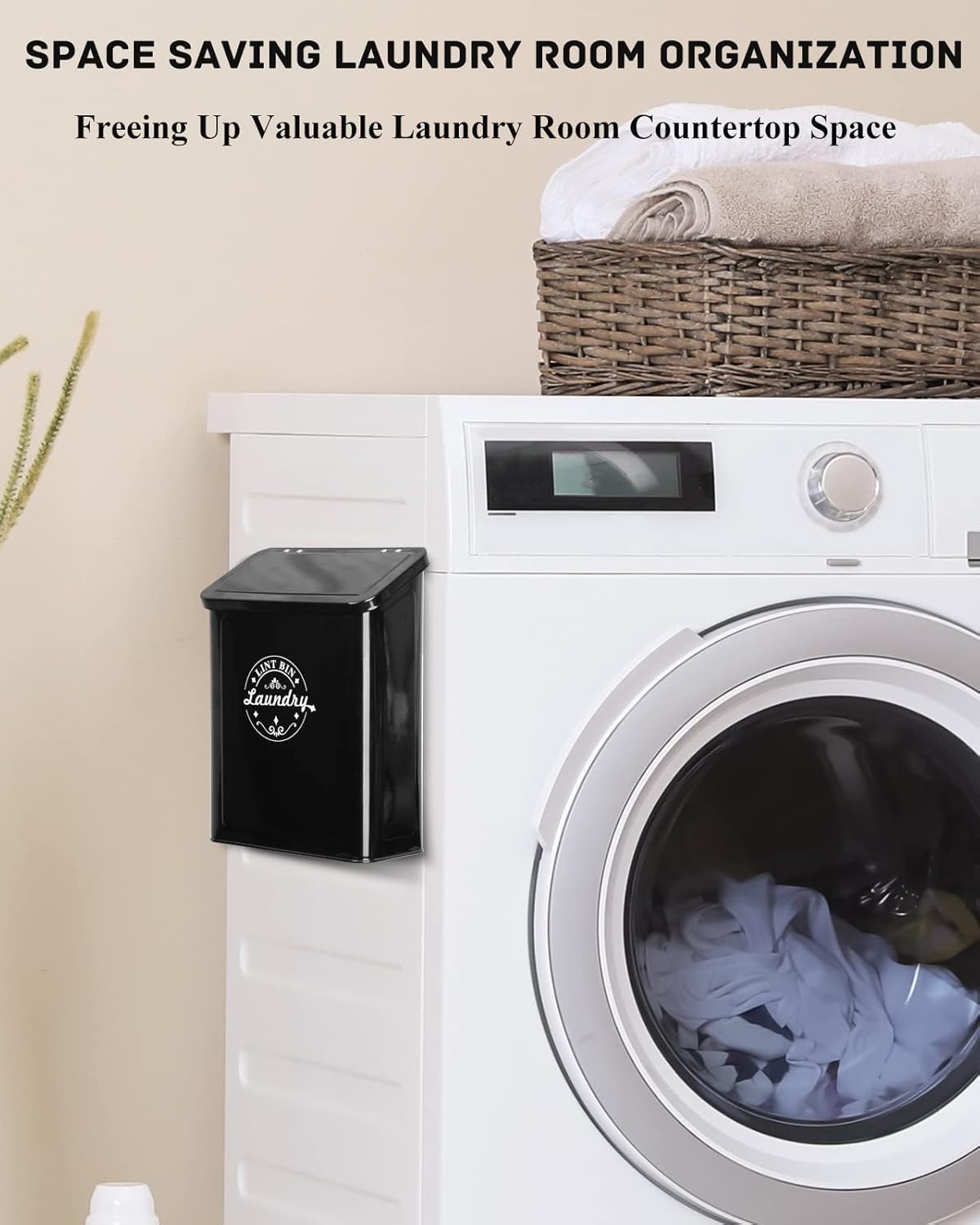 SACREDAY Magnetic Lint Bin for Laundry Room Organization and Storage with Brush, Wall-Mounted Laundry Dryer Lint Bin for Laundry Room Decor, Space-Saving Laundry Trash Can (Black)