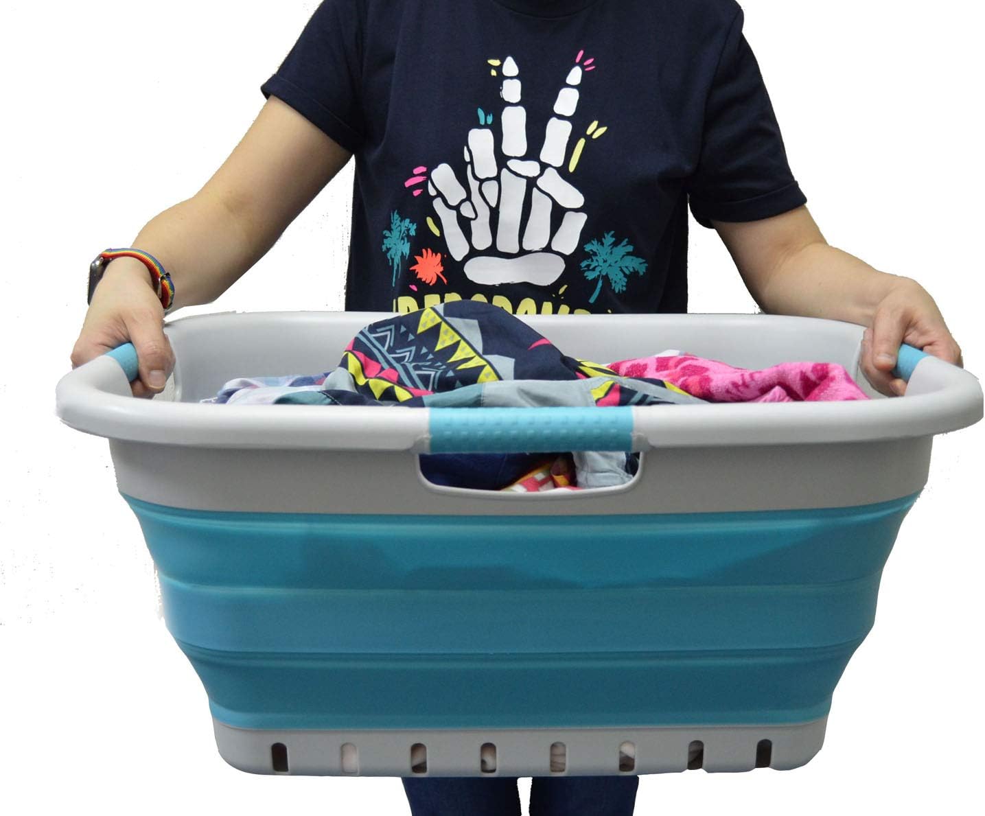 SAMMART 41L (10.8 gallon) Collapsible Plastic Laundry Basket - Foldable Pop Up Storage Container/Organizer - Portable Washing Tub - Space Saving Hamper/Basket (3 handled rectangular, Grey/Bright Blue)