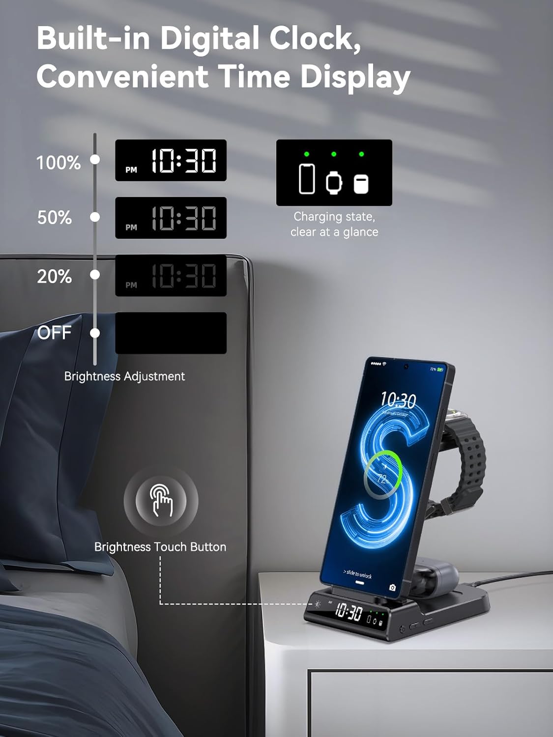 Wireless Charger for Samsung Charging Station with Clock for Samsung Galaxy S25 Ultra/S24 Ultra/Z Flip 7/Fold 6/Bud, 3 in 1 Android Charging Station, Watch Charger for Samsung Galaxy Watch 8/7/6/5Pro