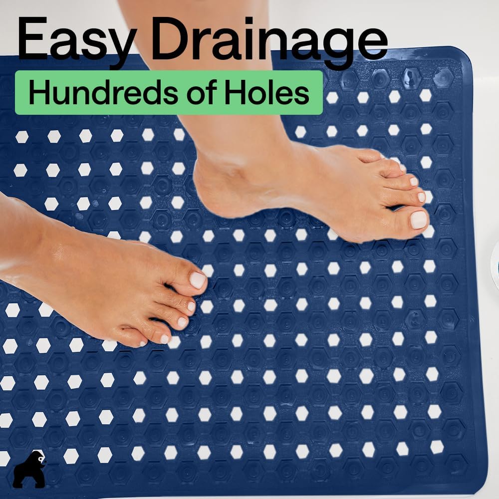 GORILLA GRIP Patented Square Shower Stall Mat, Small Bathtub Floor Mats for Stand Up Showers, Suction Cups and Drainage Holes, Machine Wash, Soft on Feet, Bathroom Accessories 21x21 Inch, Navy Blue