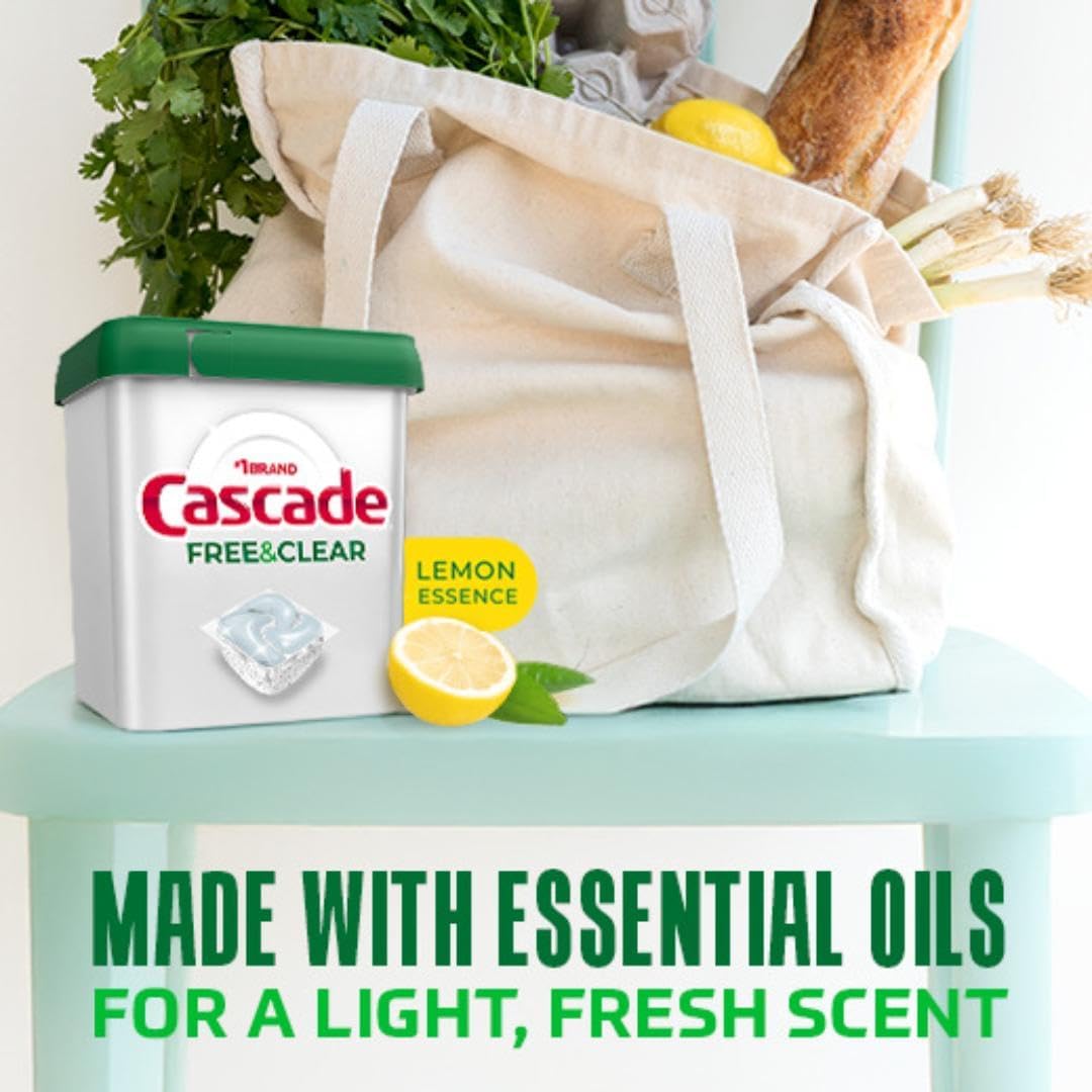 Cascade Free & Clear Dishwasher Pods, Dishwasher Detergent, Dish Detergent Soap, Lemon Essence, 47 Count