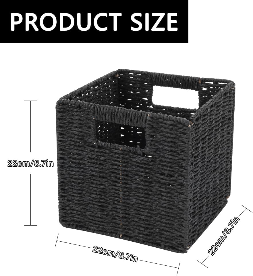 6 Pack 8.7 Inch Wicker Baskets | Hand Paper Rope Storage Baskets，Foldable Cube Storage Bins Organizer Square Wicker Cubes for Shelves (Black)