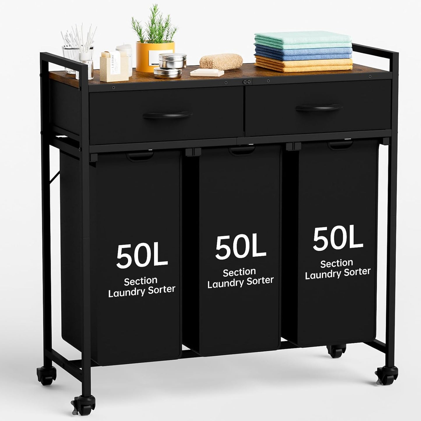 Laundry Sorter with 3 Section Pull Out Bags Rolling Laundry Basket Organizer with 2 Drawers Laundry Hamper with Shelves and Wheels for Laundry Room, Bathroom, Bedroom Organization(2 Tier)