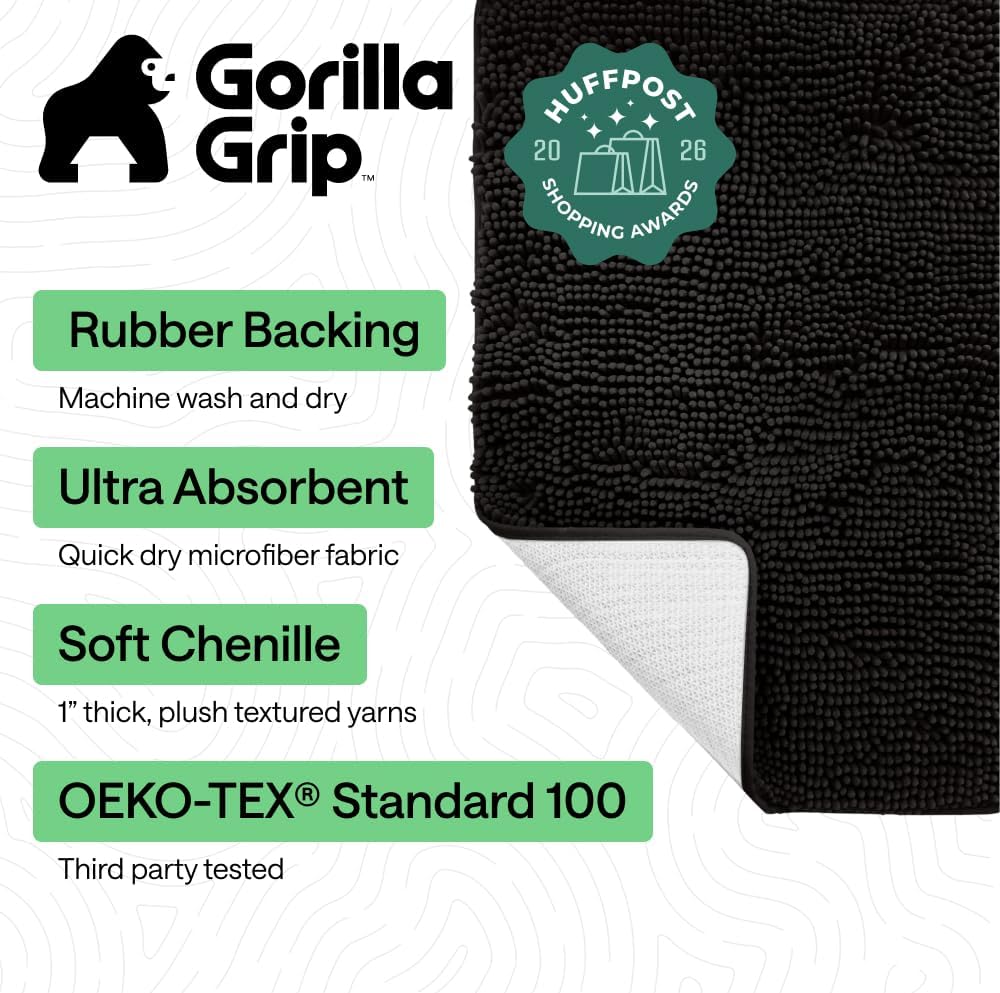 GORILLA GRIP Bath Rug Mat, Thick Soft Absorbent Chenille, Quick Dry Microfiber Mats, Rubber Backing Washable Shower Floor Rugs, US Designed Bathroom Bathmat Home Decor Accessories, 24x17, Black