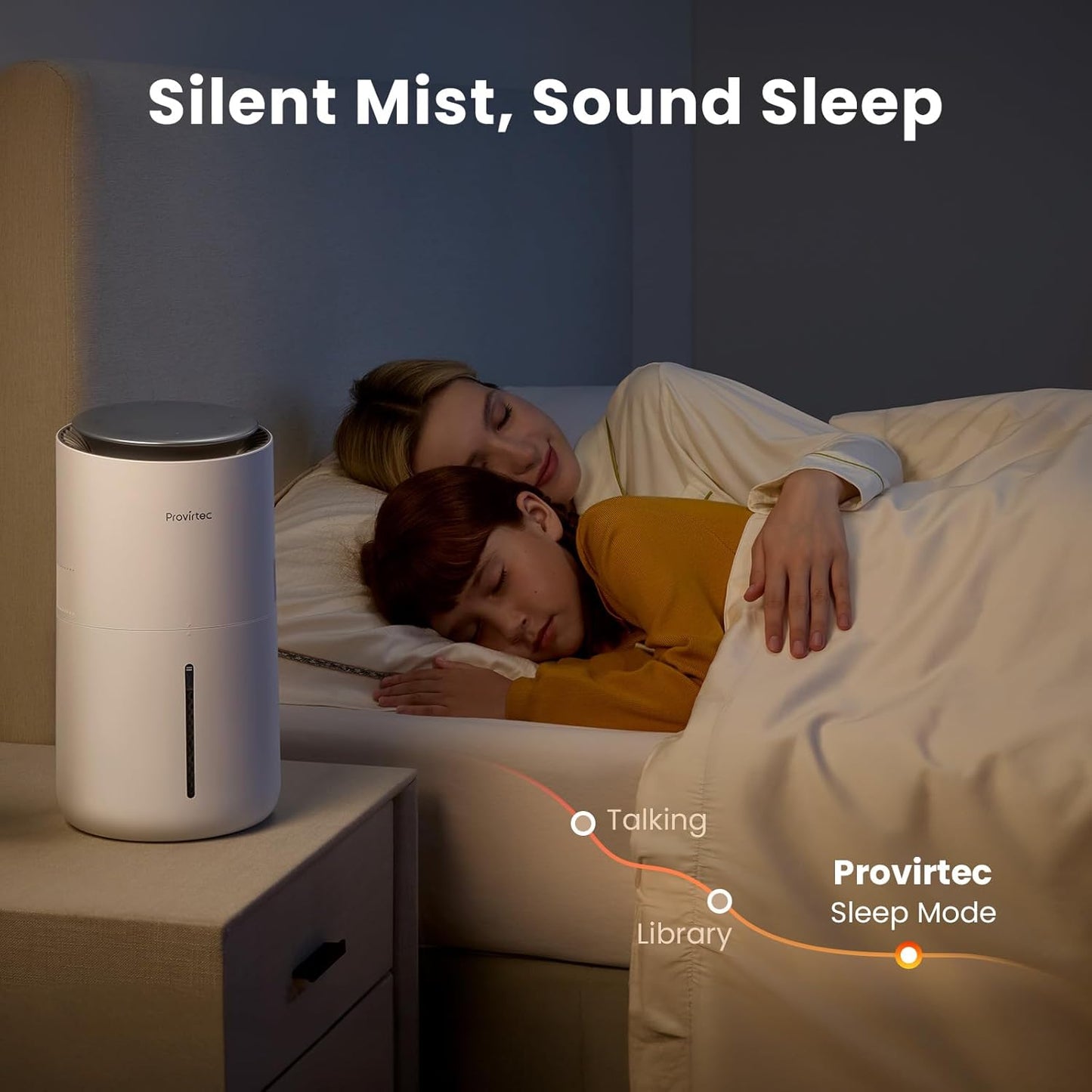 Provirtec MistFree Evaporative Humidifier for Bedroom, 3L No White Dust for Sensitive Individuals, Auto Humidity Control, Works with Tap Water, Night Light, Easy Clean Tank for Home & Small Room