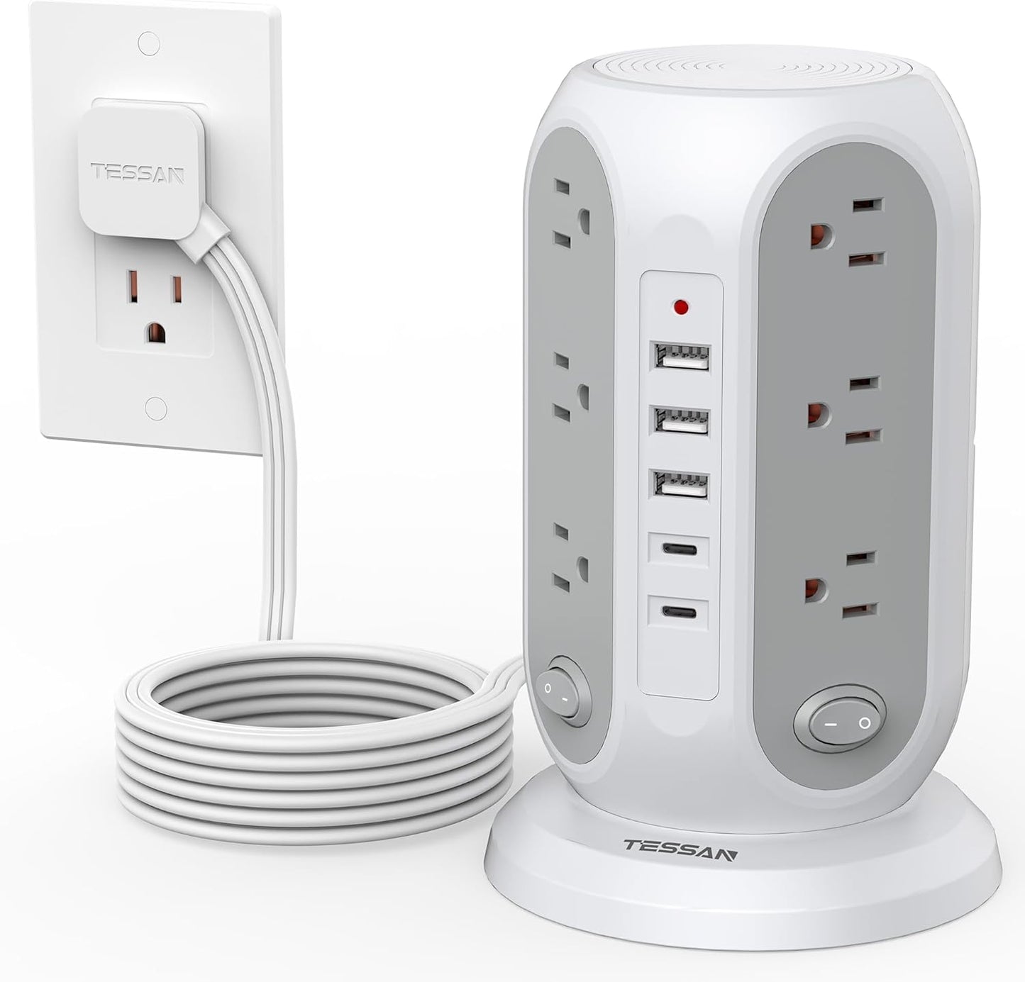 TESSAN Tower Power Strip with Individual Switches, 12 Outlets and 5 USB Ports(2 USB C), Flat Extension Cord 10 Ft, 1250W, Charging Station for Multiple Devices, Office, Dorm, Grey