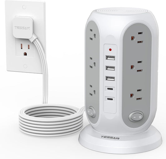 TESSAN Tower Power Strip with Individual Switches, 12 Outlets and 5 USB Ports(2 USB C), Flat Extension Cord 10 Ft, 1250W, Charging Station for Multiple Devices, Office, Dorm, Grey
