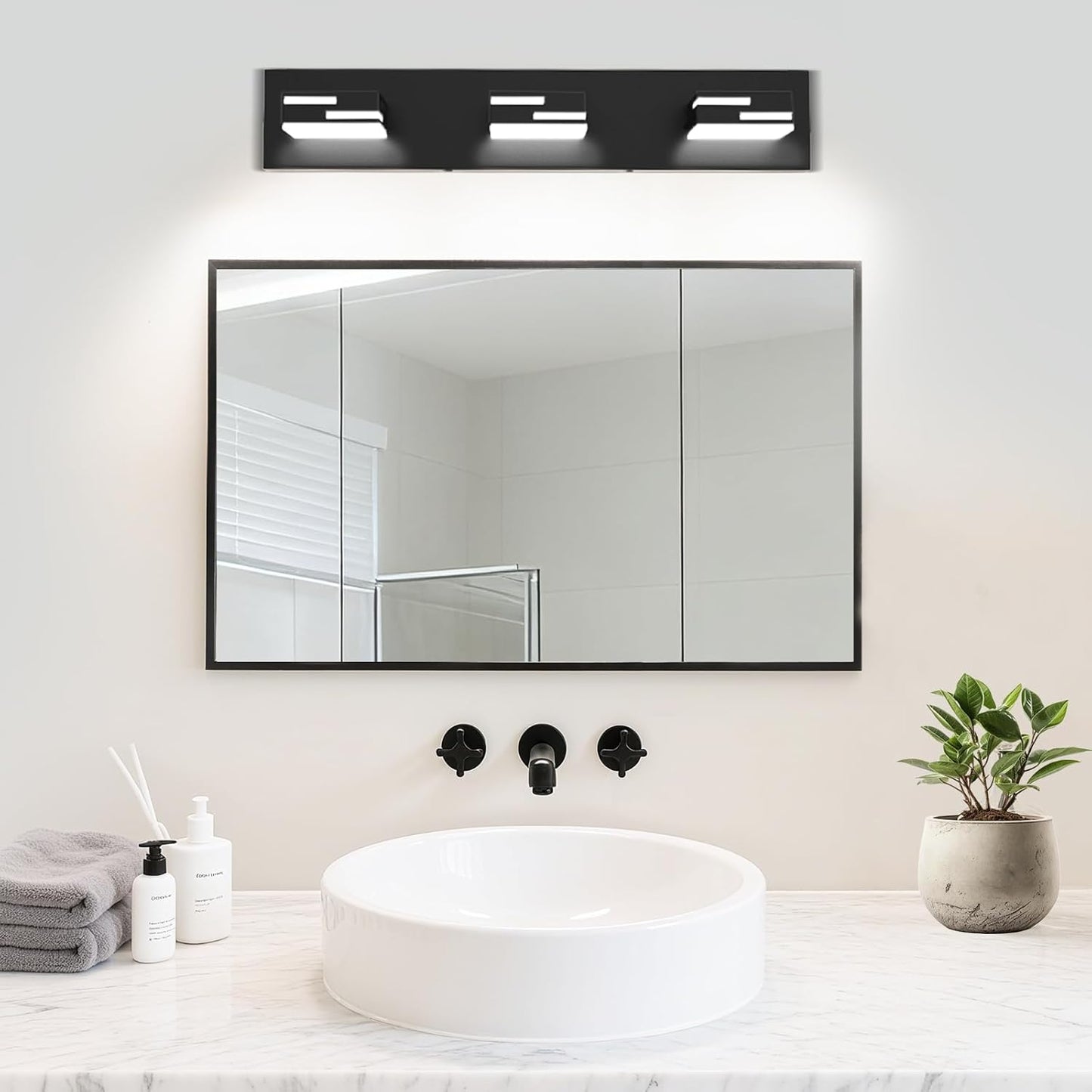 LED Modern Bathroom Vanity Light Fixtures, Dimmable Matte Black Vanity Lights for Bathroom Lighting Fixtures Over Mirror, with 360° Rotatable Acrylic Heads 3-Light 22-inch (Cool White 6000K)