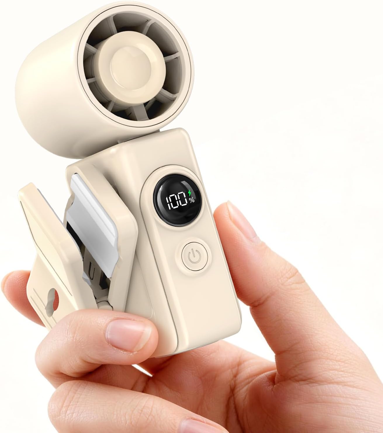 Portable Clip-On Mini Fan, Hands-Free, Turbo Personal Handheld Fans Rechargeable w/ 4 Wind & LED Display, Pocket Size Summer Cooling Essentials for Travel/EyeLash/Beach/Concert, Gifts for Women(Ivory)