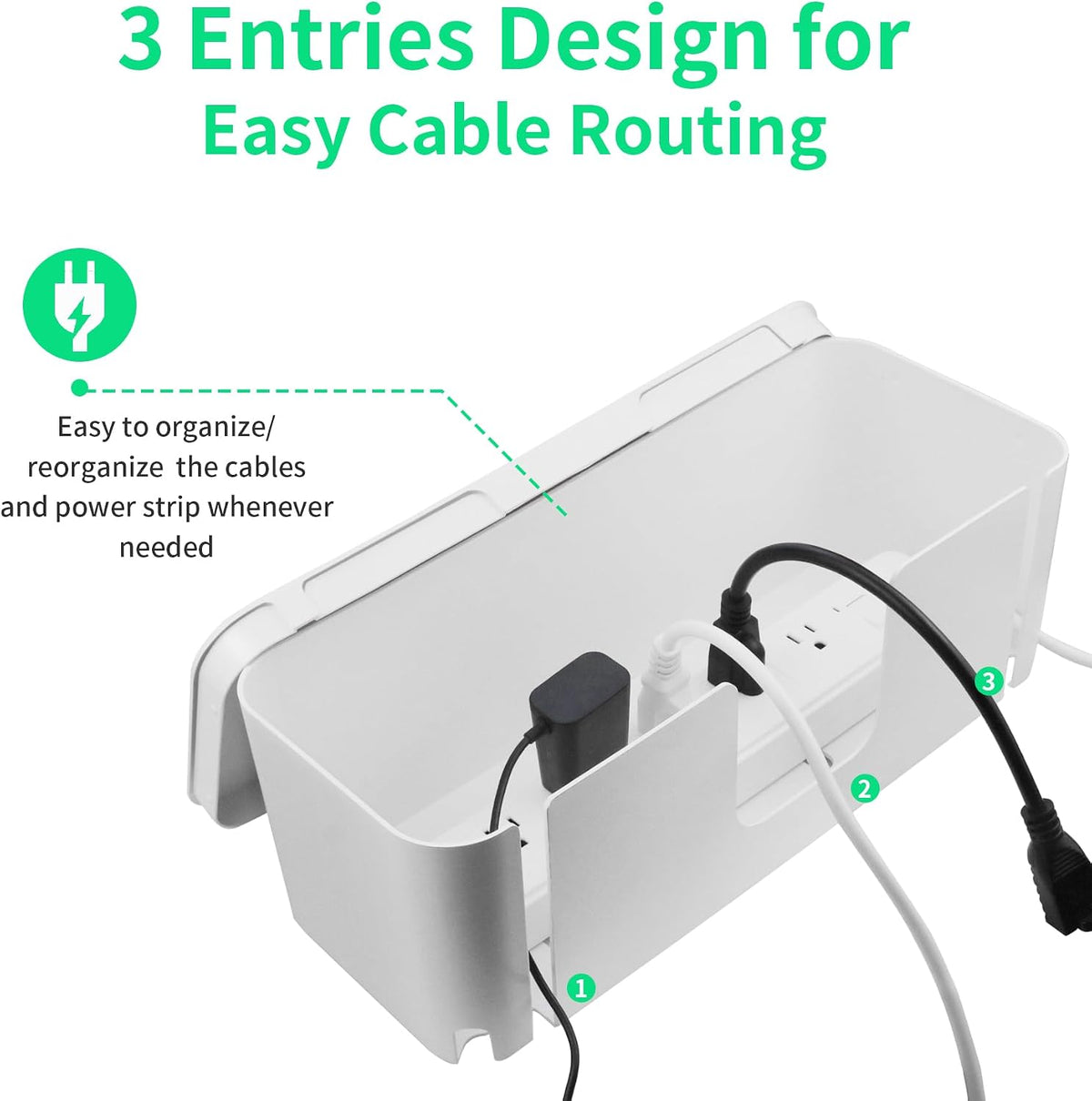 Cord Organizer Box, Cable Hider for Power Strips, Surge Protector, Extension Cord and Wire Management, Cable Management Box (2PCS/Large and Medium Size/White)