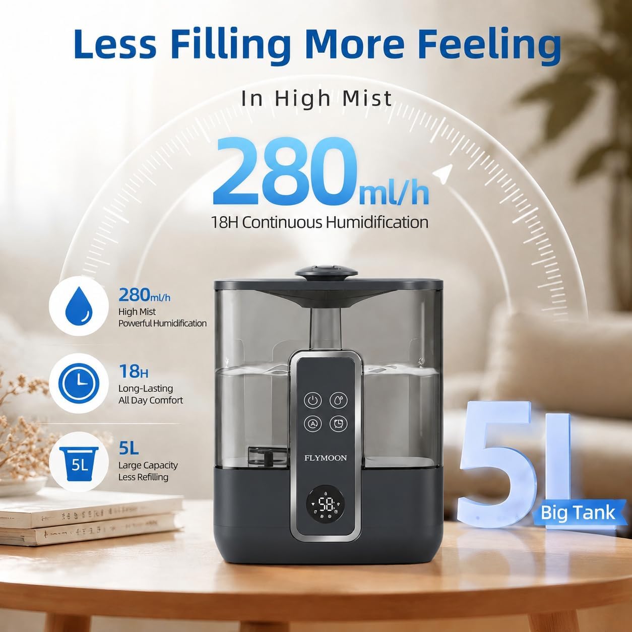 FLYMOON Humidifier for Bedroom, Top Fill 5L Cool Mist Humidifiers with 28dB, Smart Humidifier for Large Room, Plants, Auto-Off, 12H Timer, 50 Hour Runtime,Tuya App Control, Black