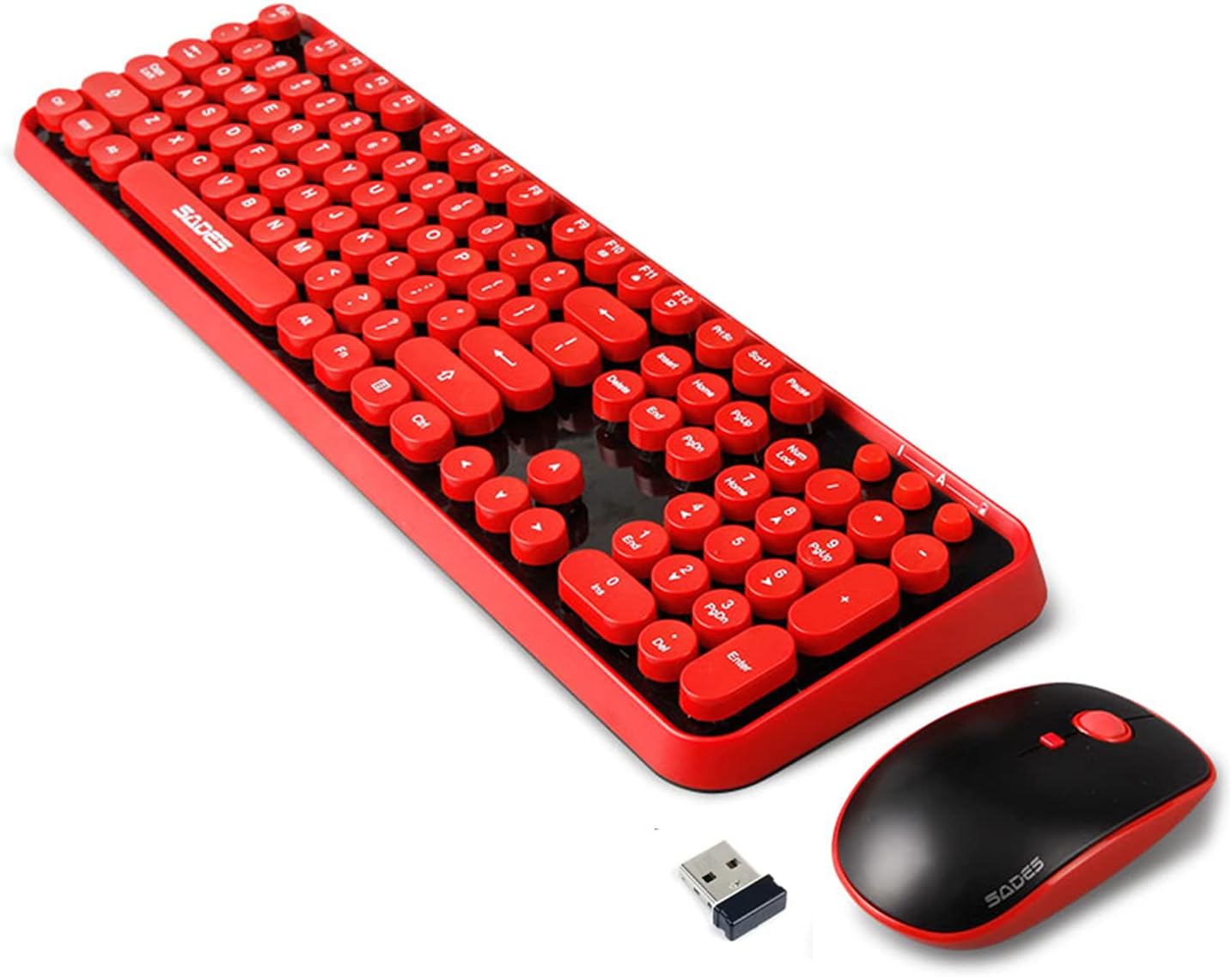 Red Wireless Keyboard and Mouse Combo, Retro Typewriter Style Round Key Keyboard with Bubble Keycaps, 2.4GHz Creamy Clicky Aesthetic Full Size Keyboard with Number Pad for PC Laptop Desktop