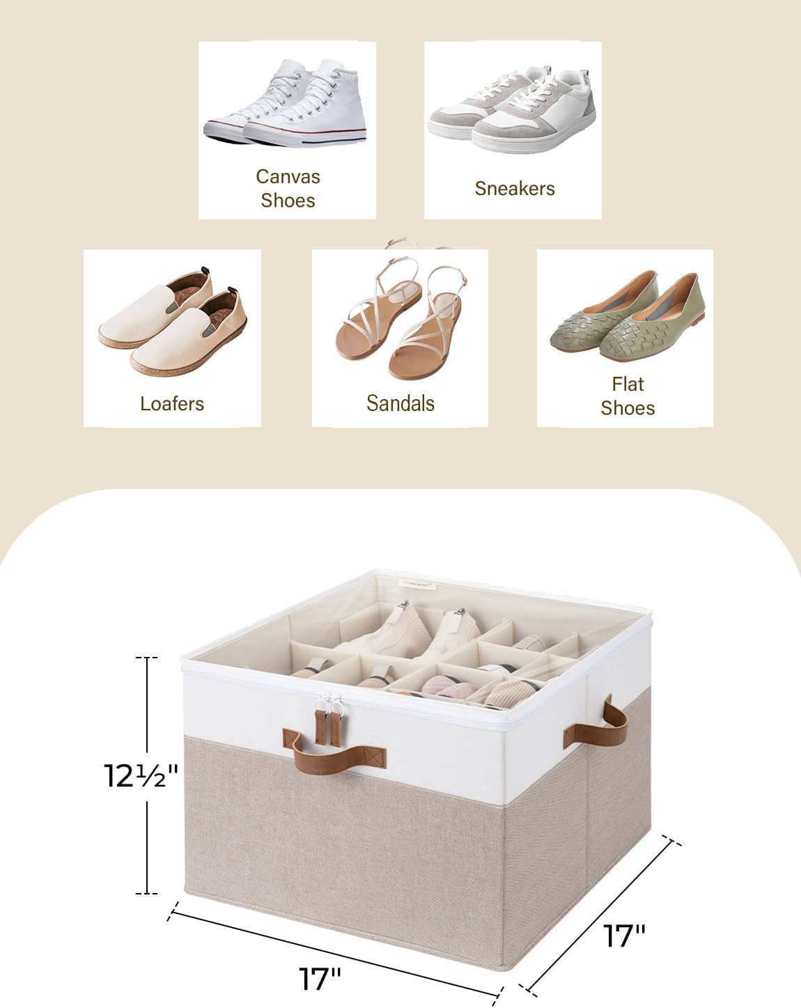 StorageWorks 16-Pair Fabric Shoe Storage Box for Closet, Brown and White